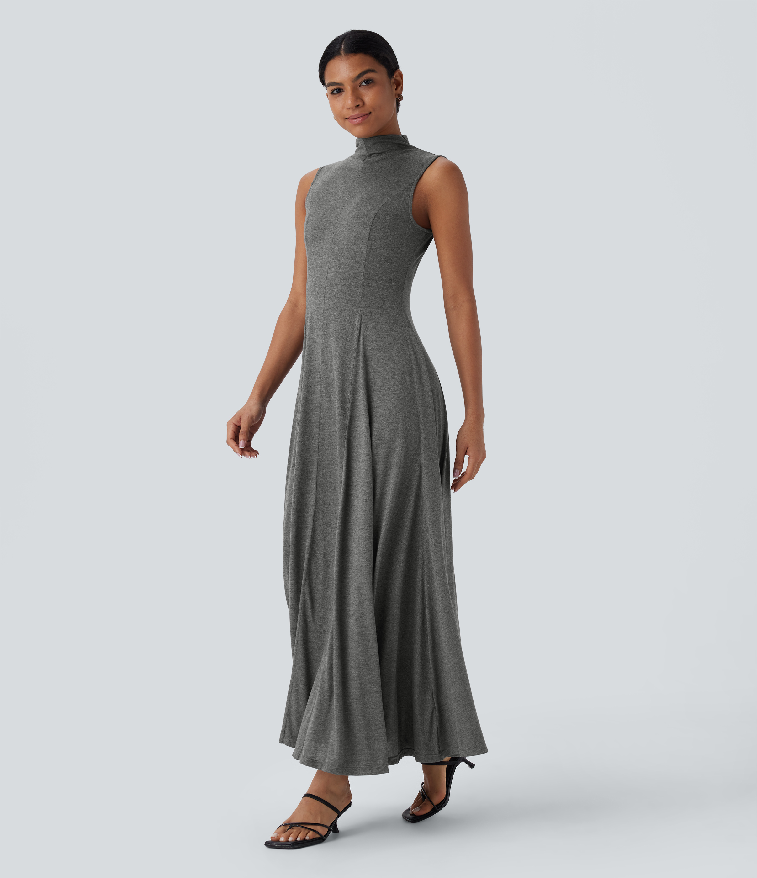 Halara Stand Collar Sleeveless Flowy Midi Resort Dress Casual Dress - Darl Gray Floral Yarn - XS slip dress beach dress ruched dress 