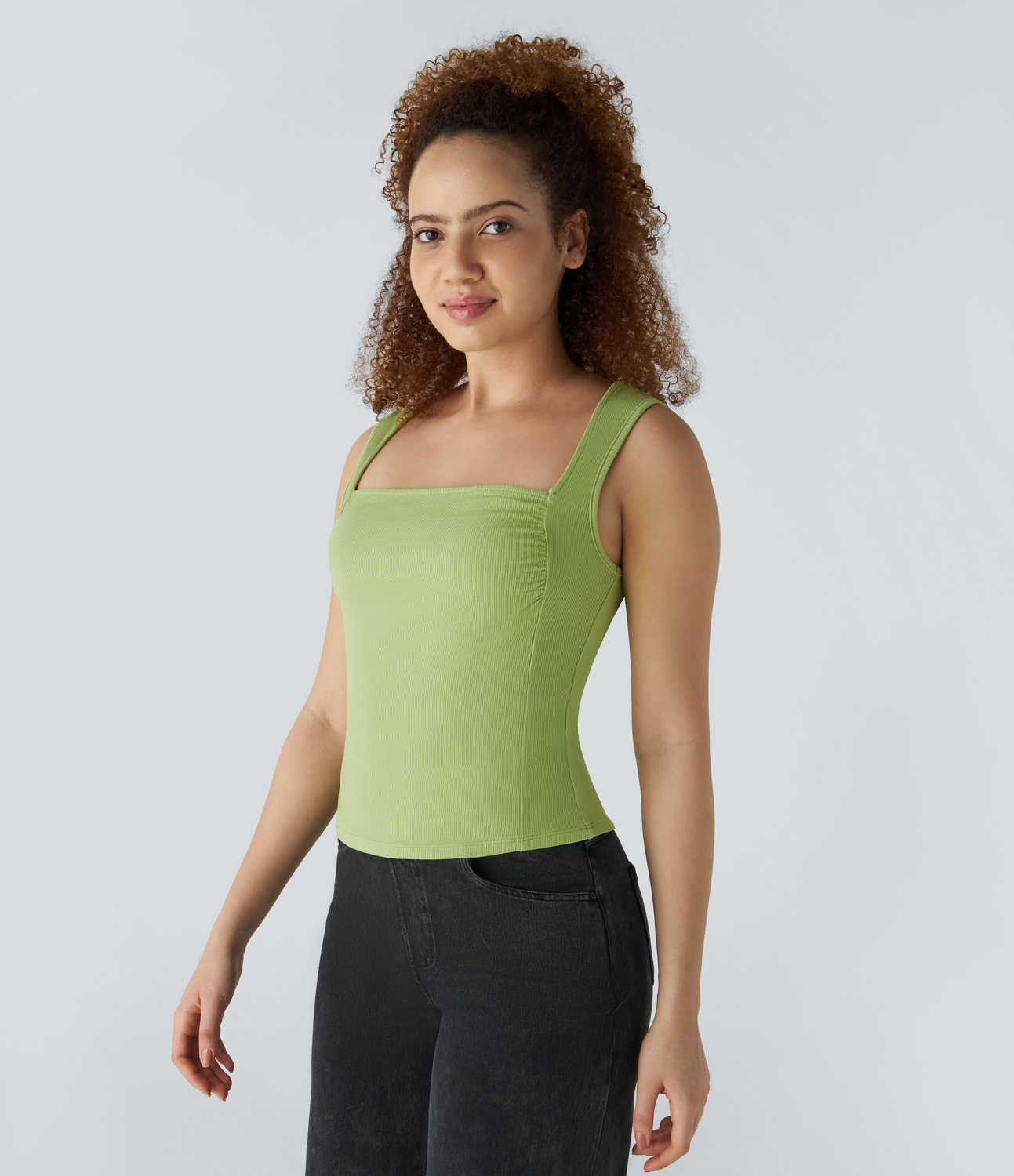 Halara Ribbed Knit Square Neck Sleeveless Casual Top Tank Top - Green Apple Green - S golf tops halter top tunic tops sleeveless tops 