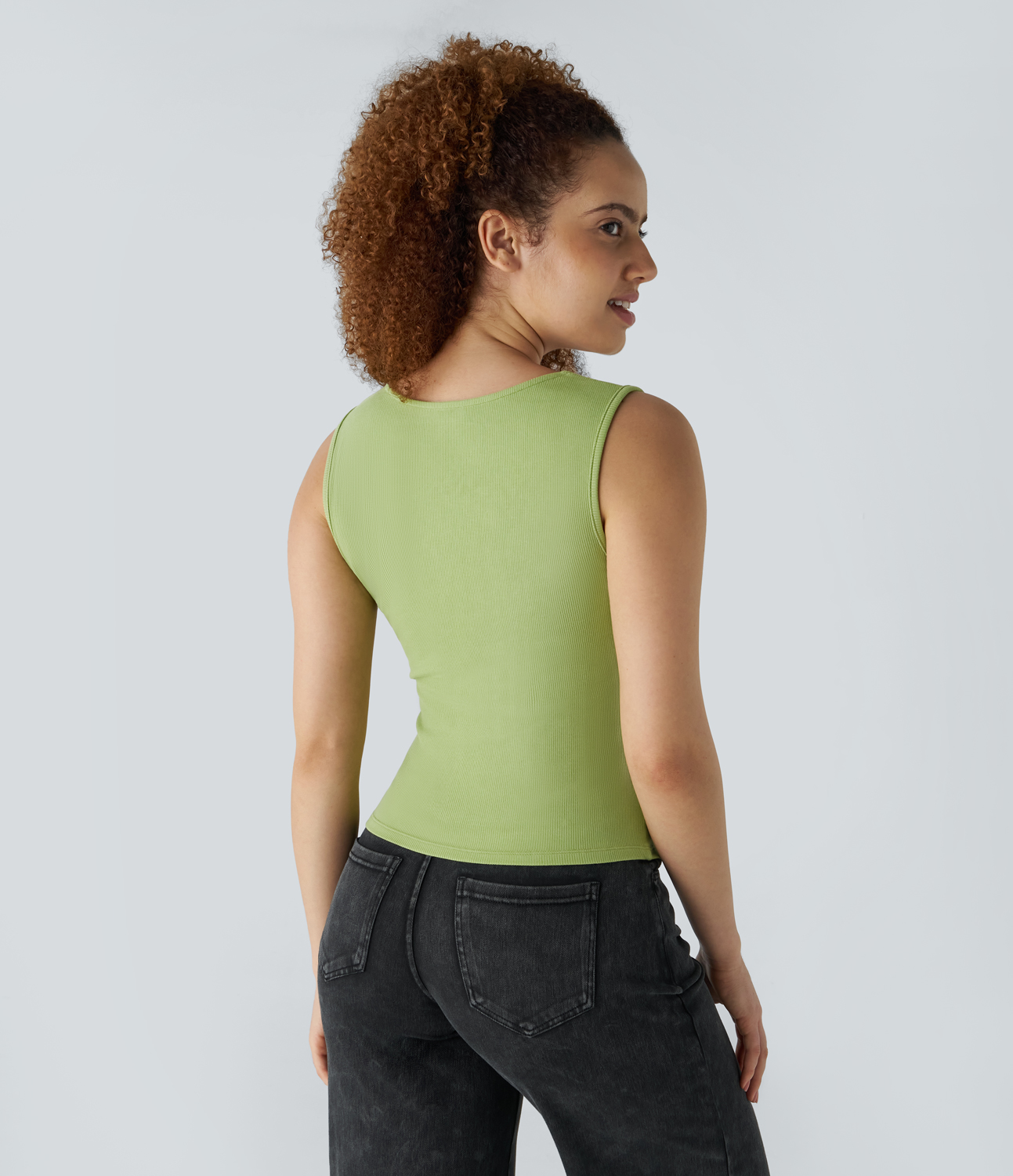 Halara Ribbed Knit Square Neck Sleeveless Casual Top Tank Top - Green Apple Green - S golf tops halter top tunic tops sleeveless tops 