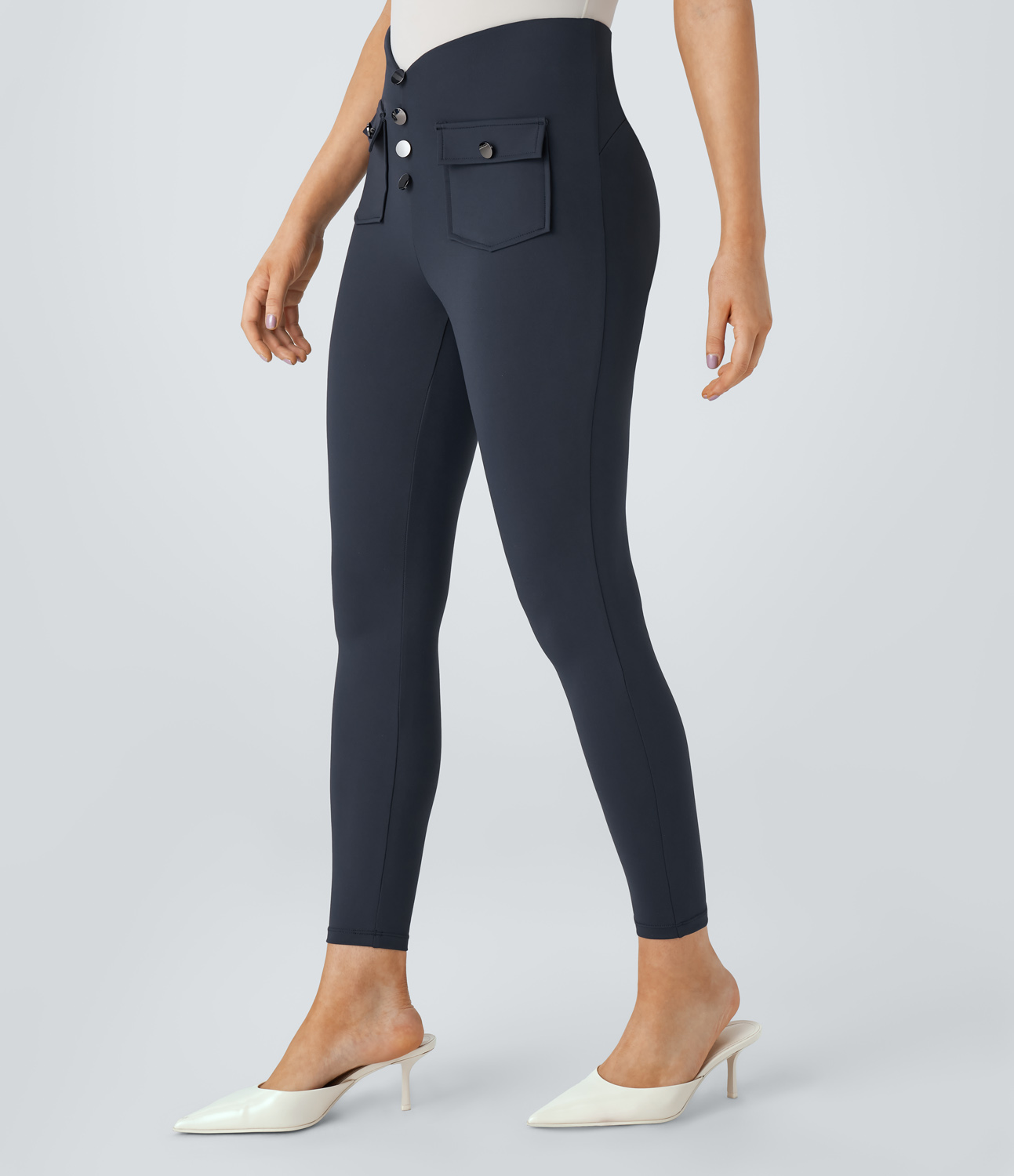 Halara High Waisted Decorative Button Front Side Pocket 7/8 Work Leggings  - Midnight Blue - XS(7/8) gym leggings leggings with pockets 