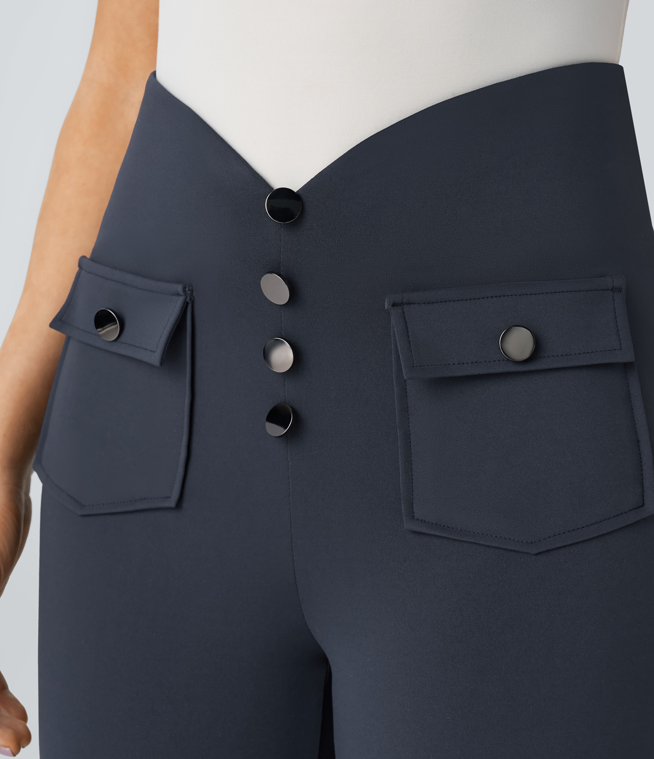 Halara High Waisted Decorative Button Front Side Pocket 7/8 Work Leggings  - Midnight Blue - XS(7/8) gym leggings leggings with pockets 