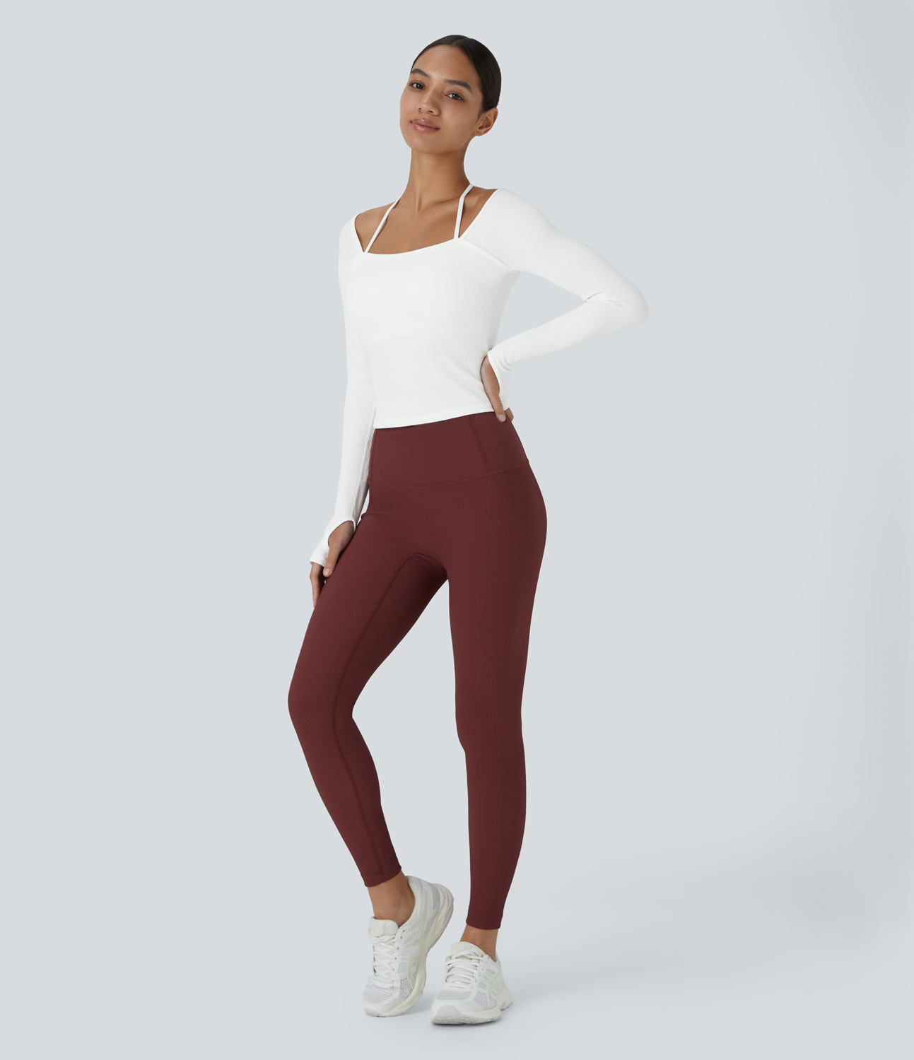 Halara Ribbed Halter Strap Thumb Hole Yoga Sports Top  - White - L(Long) 