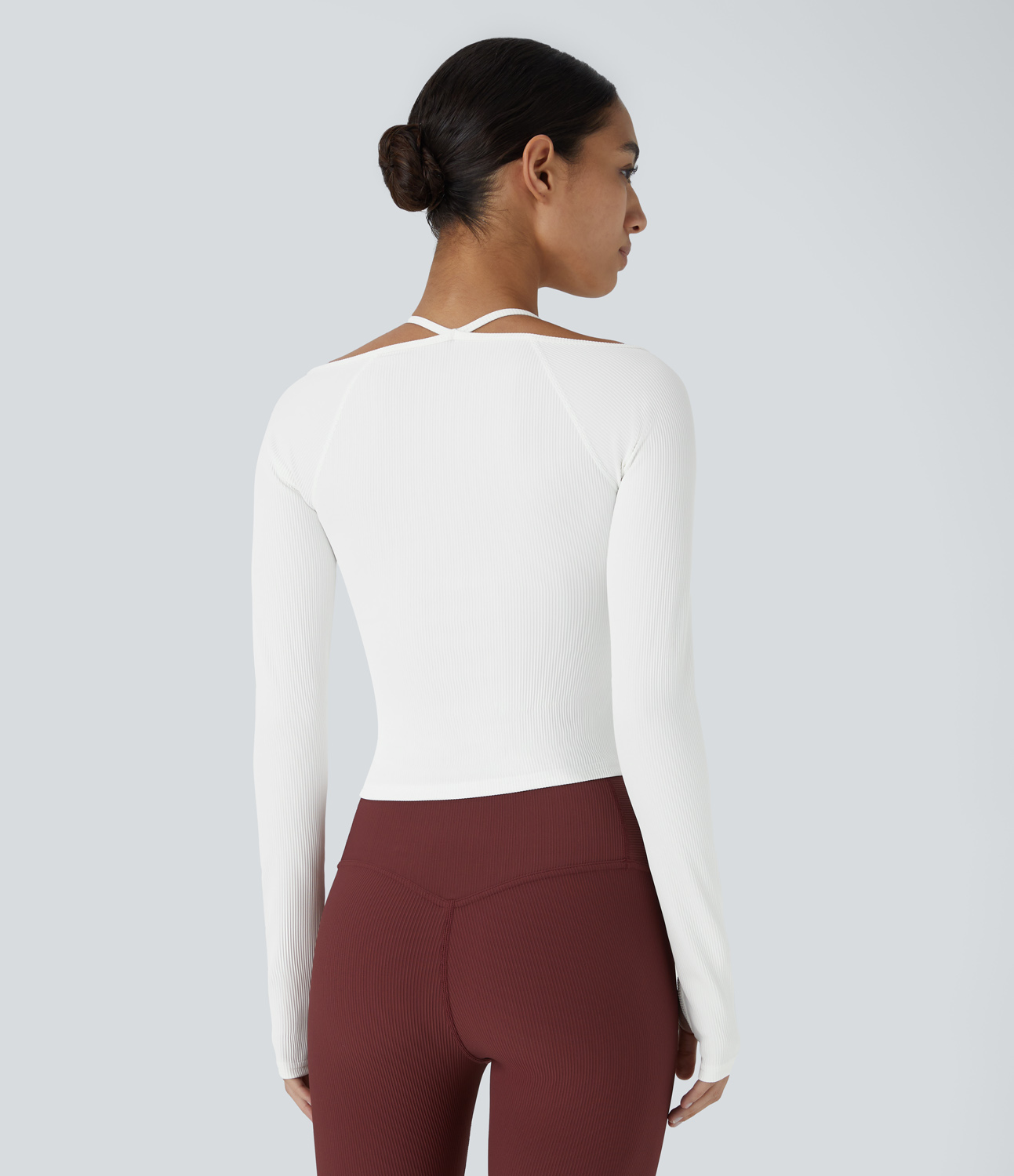 Halara Ribbed Halter Strap Thumb Hole Yoga Sports Top  - White - L(Long) 