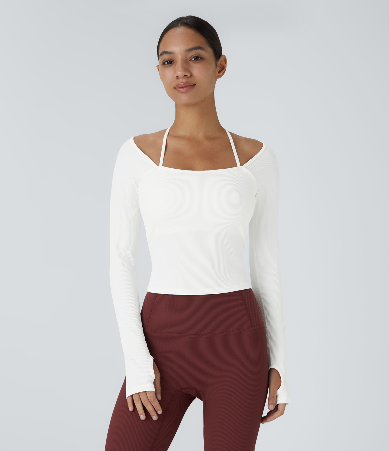 Halara Ribbed Halter Strap Thumb Hole Yoga Sports Top  - White - L(Long) 