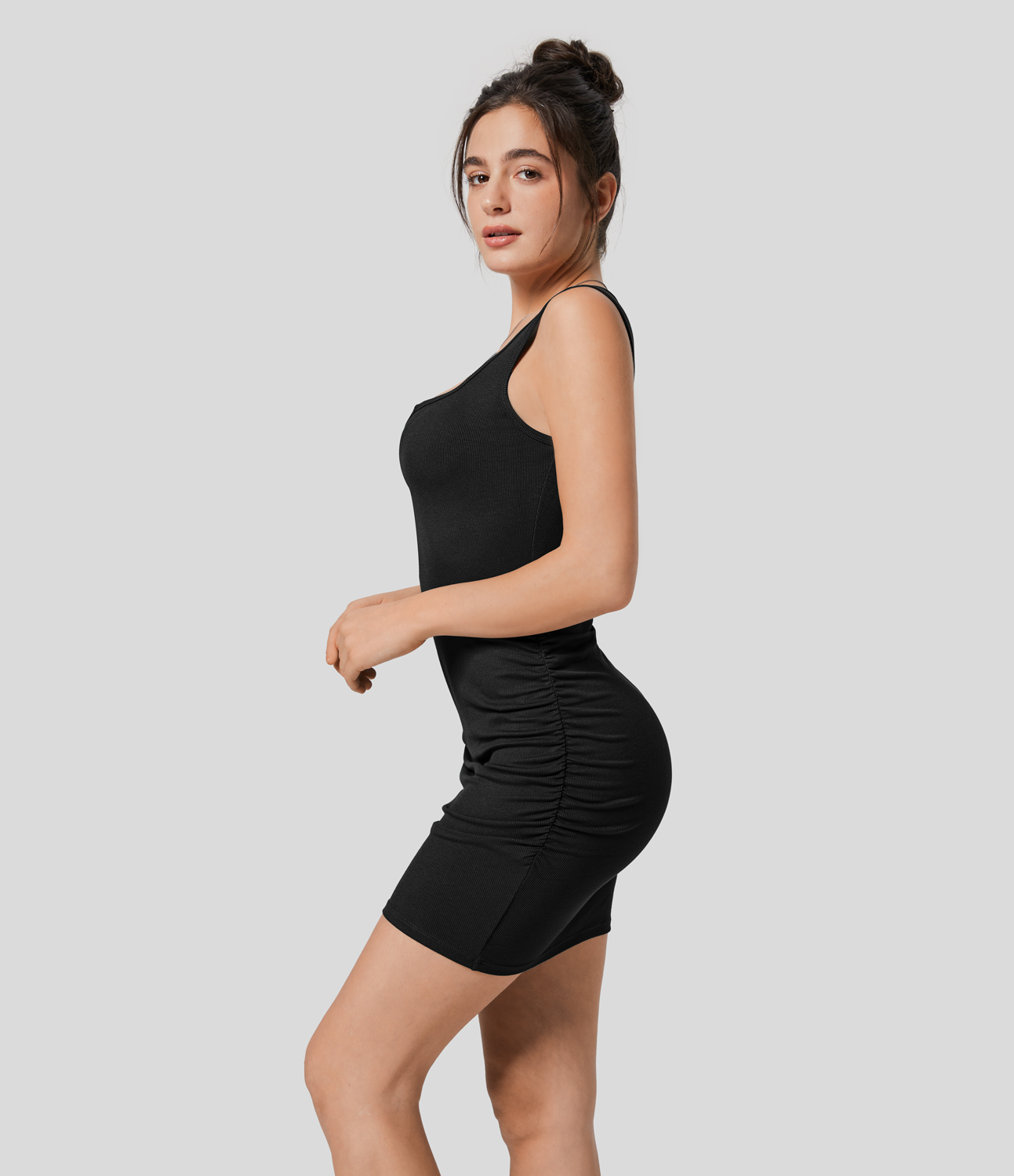 Halara Ribbed Notched Scoop Neck Sleeveless Ruched Bodycon Mini Casual Dress Casual Dress - Black - XS slip dress beach dress ruched dress 