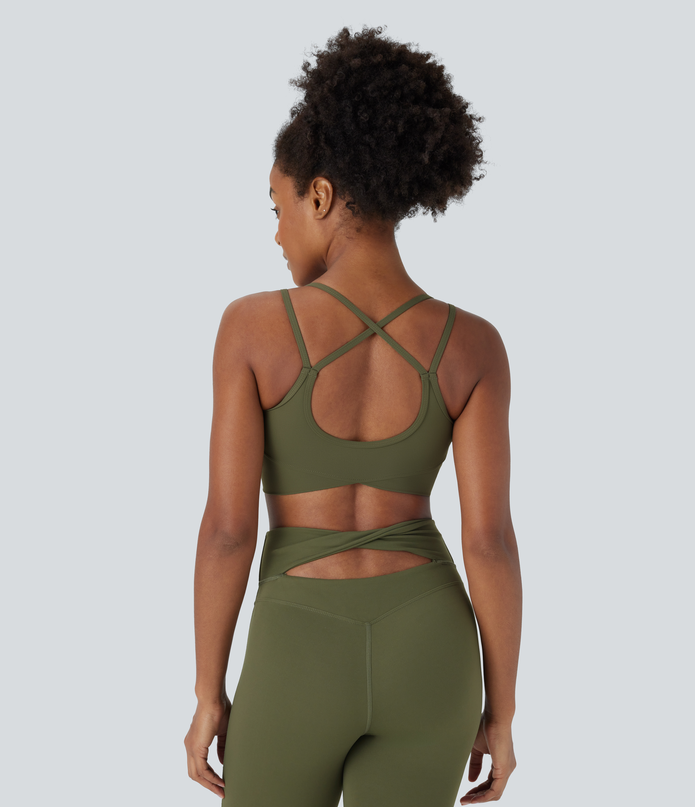 Halara Softlyzeroв„ў Plush Low Support Backless Crisscross Spaghetti Straps Crossover Hem Sports Bra  - Grass Grey Green - M push up bra 