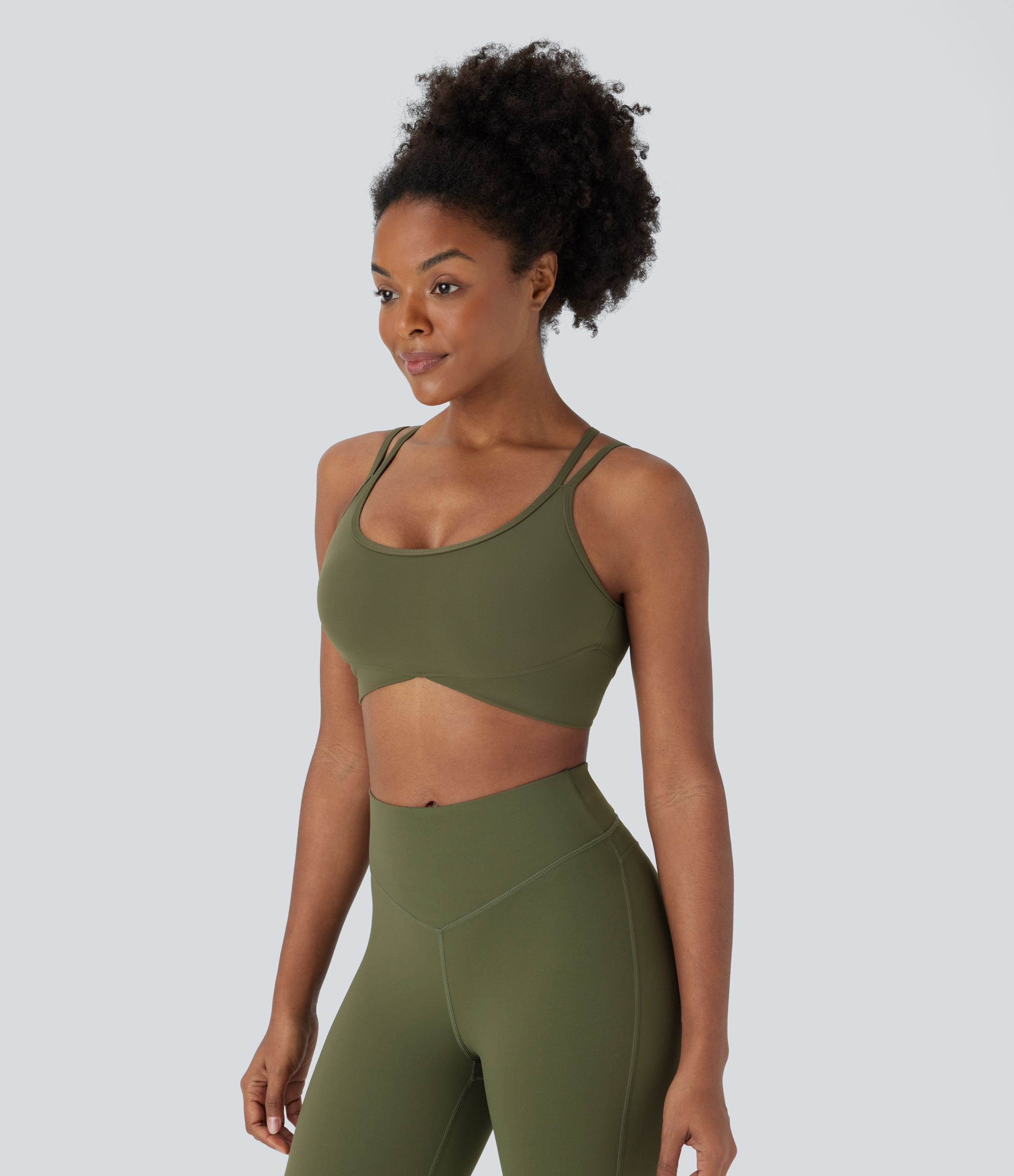 Halara Softlyzeroв„ў Plush Low Support Backless Crisscross Spaghetti Straps Crossover Hem Sports Bra  - Grass Grey Green - M push up bra 