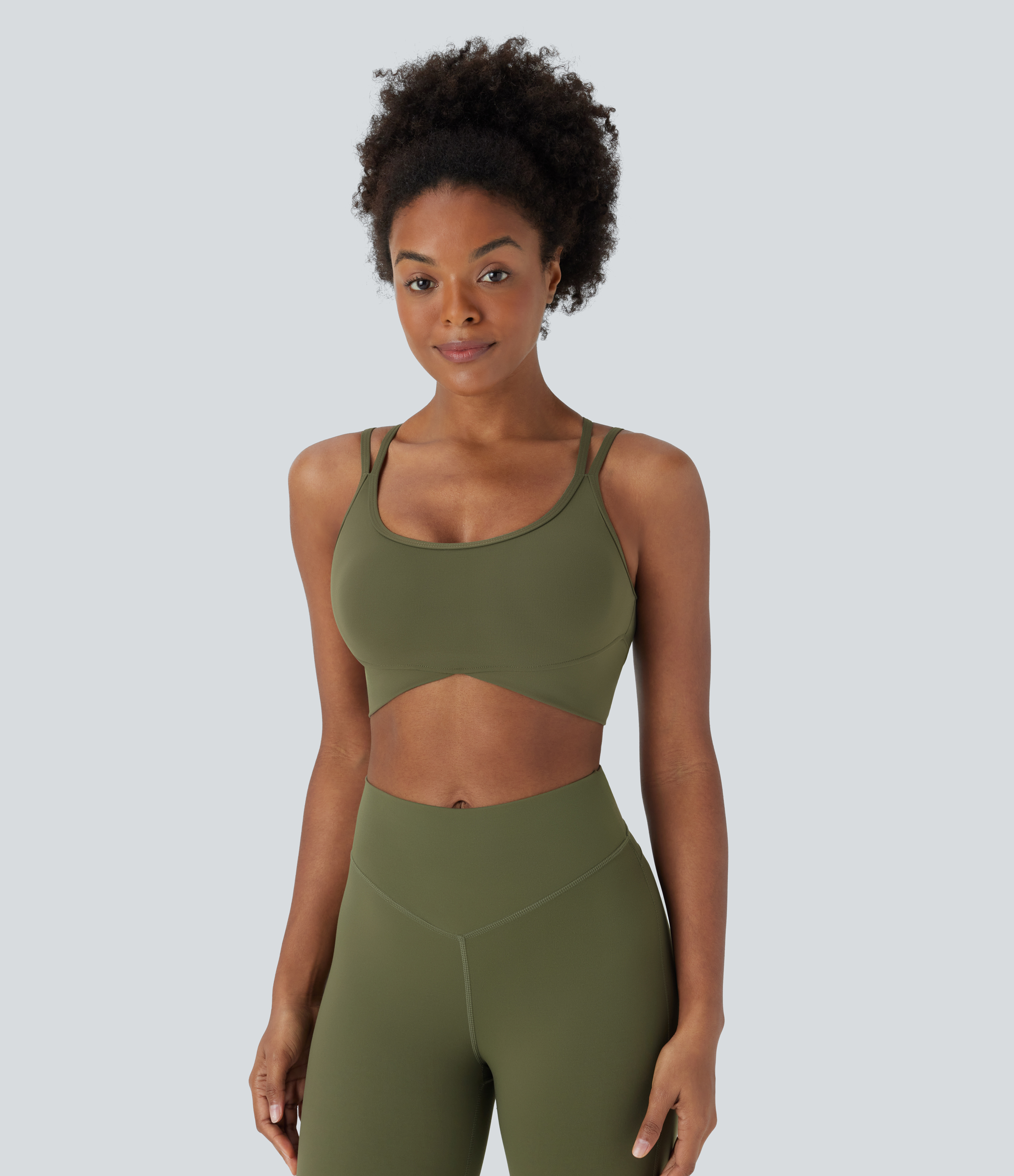 Halara Softlyzeroв„ў Plush Low Support Backless Crisscross Spaghetti Straps Crossover Hem Sports Bra  - Grass Grey Green - M push up bra 