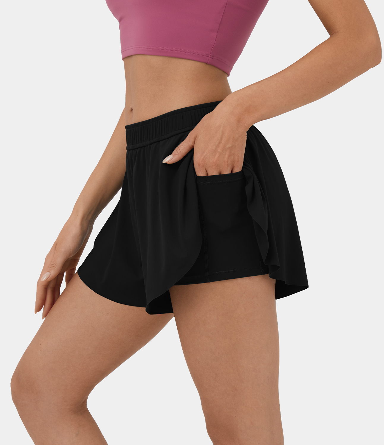 Halara Mid Rise Side Split Curved Hem 2-in-1 Side Pocket Dance Shorts 3`` Gym Short - Black - L booty shorts compression shorts yoga shorts 