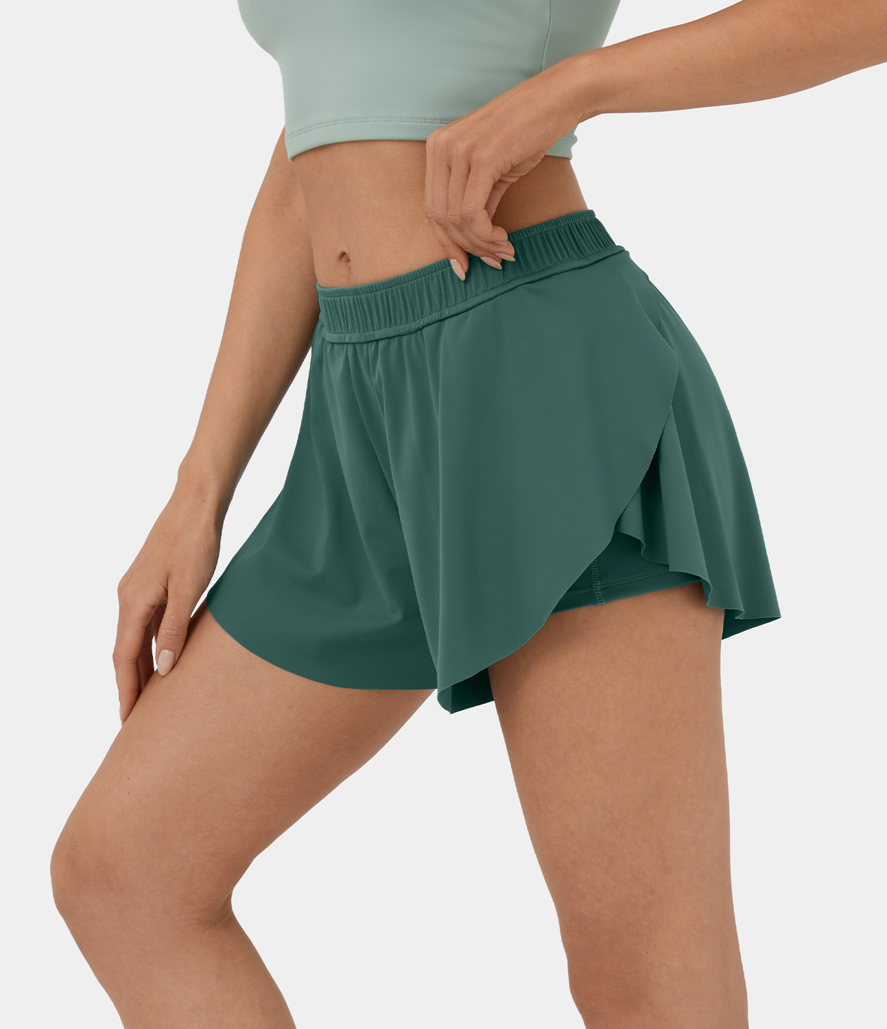 Halara Mid Rise Side Split Curved Hem 2-in-1 Side Pocket Dance Shorts 3`` Gym Short - Blue Spruce - L booty shorts compression shorts 