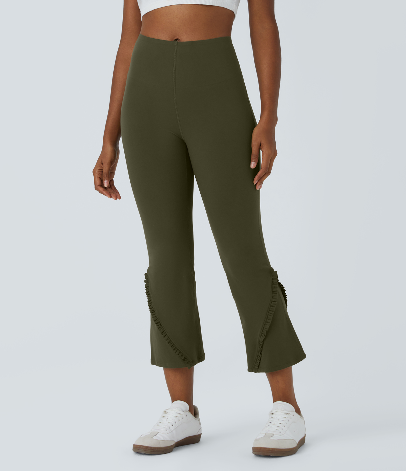 Halara High Waisted Tummy Control Frill Slight Flare Capri Casual Leggings  - Forest Night - S gym leggings leggings with pockets 