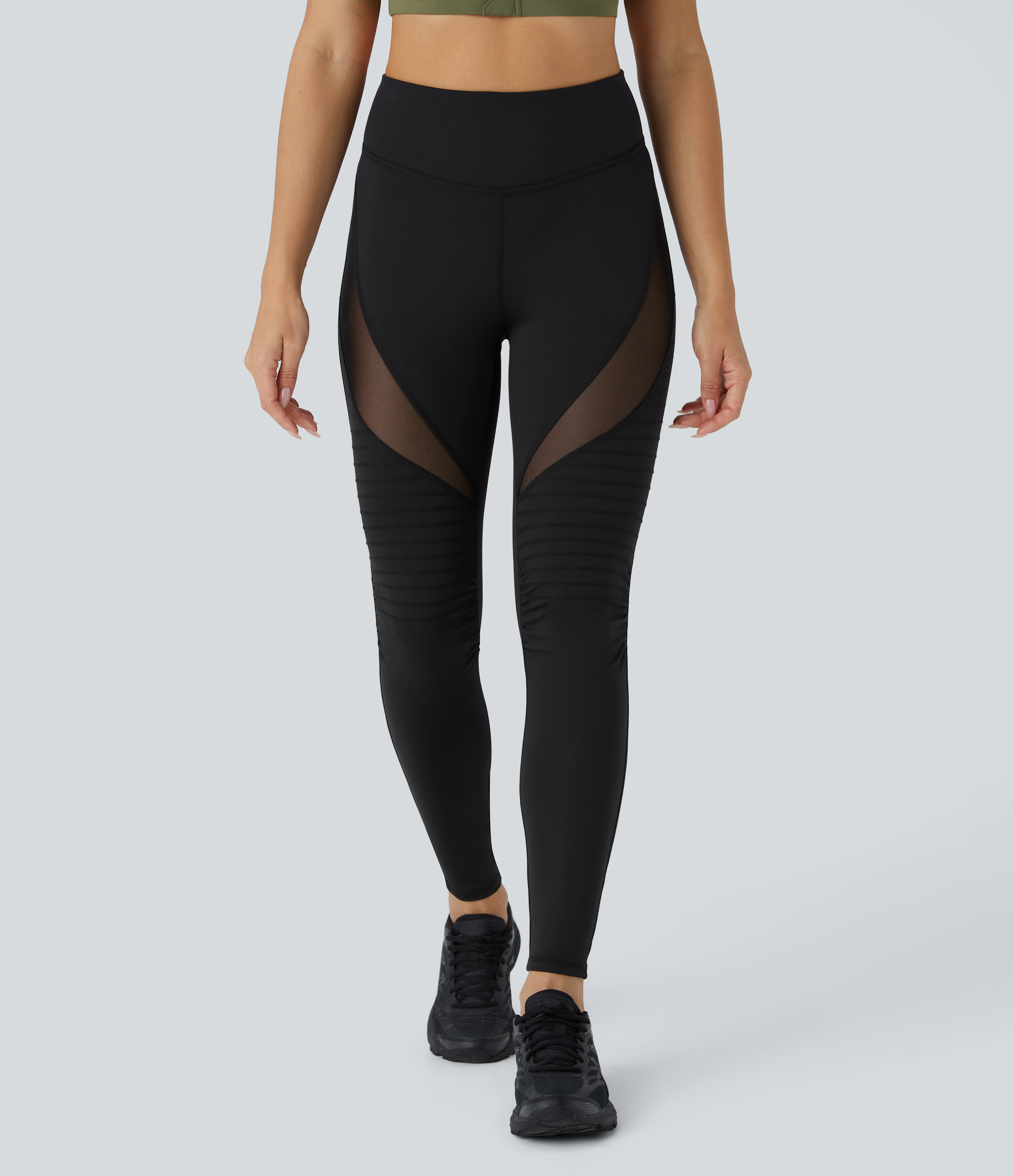 Halara High Waisted Contrast Mesh Top-stitching 7/8 Casual Moto Leggings  - Black - L(7/8) gym leggings leggings with pockets 