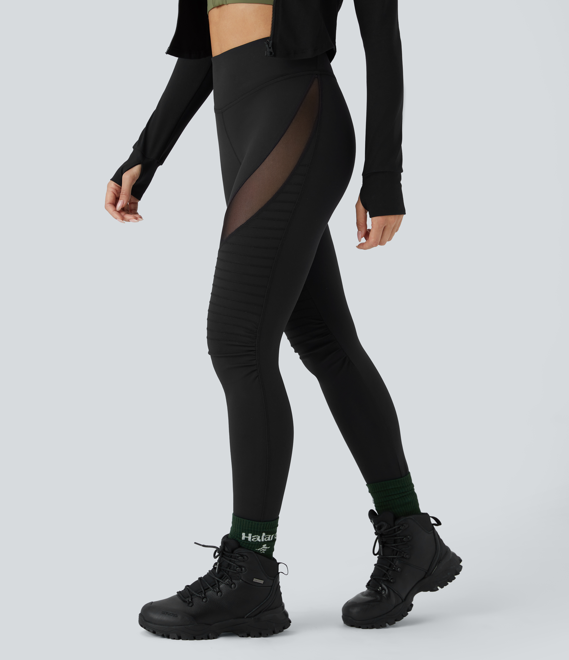 Halara High Waisted Contrast Mesh Top-stitching 7/8 Casual Moto Leggings  - Black - L(7/8) gym leggings leggings with pockets 