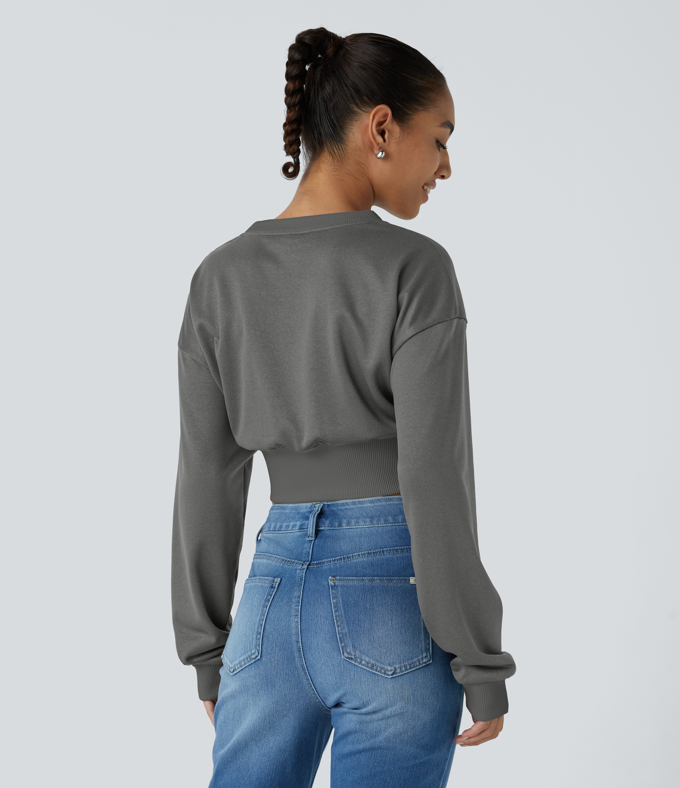 Halara Round Neck Dropped Shoulder Contrast Ribbed Decorative Fishbone Cropped Relaxed Casual Sweatshirt  - Gunmetal - L 