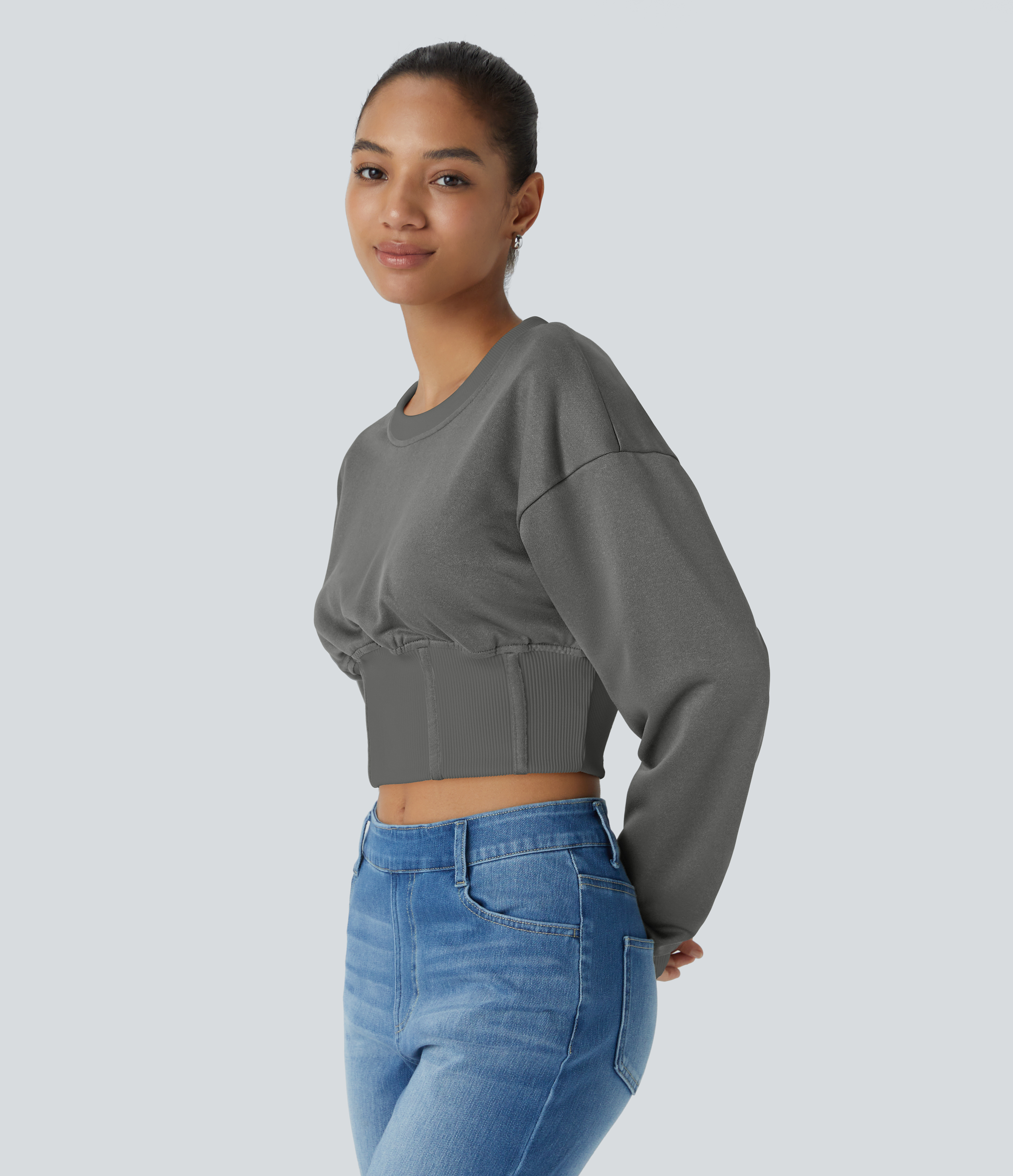 Halara Round Neck Dropped Shoulder Contrast Ribbed Decorative Fishbone Cropped Relaxed Casual Sweatshirt  - Gunmetal - L 