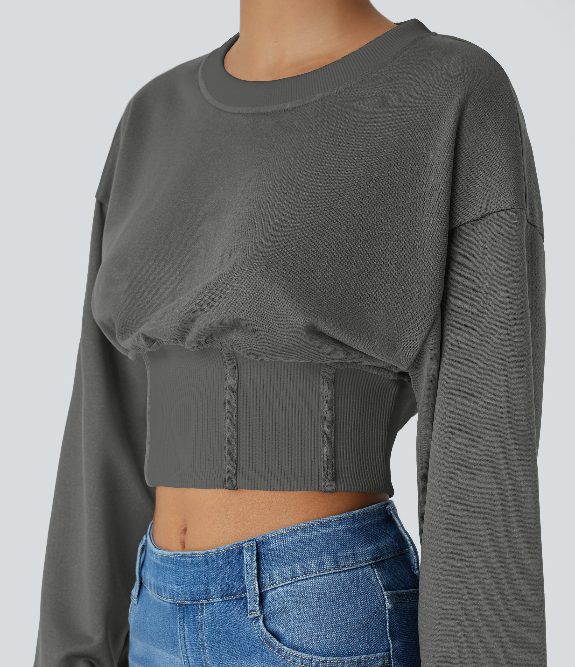 Halara Round Neck Dropped Shoulder Contrast Ribbed Decorative Fishbone Cropped Relaxed Casual Sweatshirt  - Gunmetal - L 