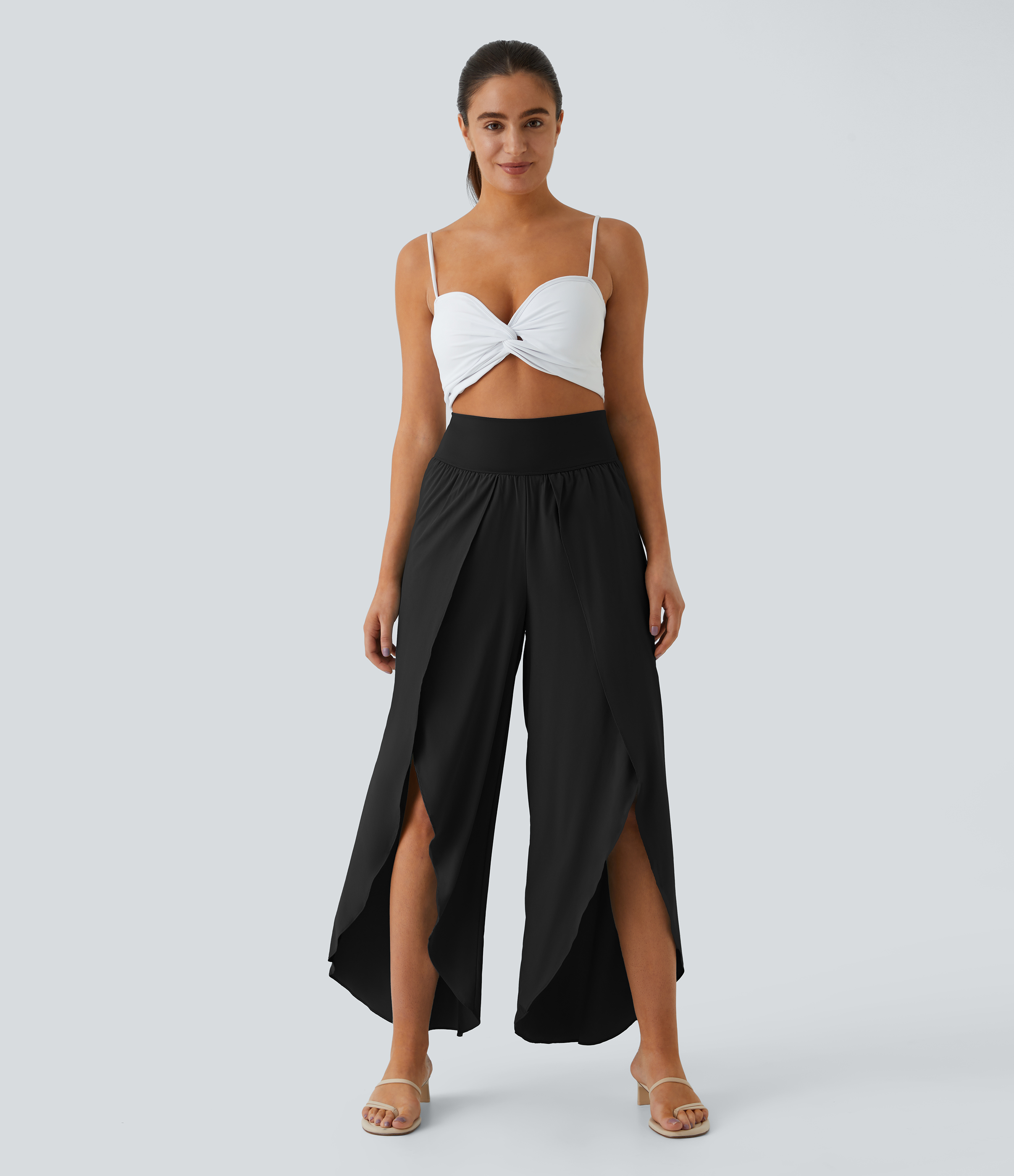 Halara Breezefulв„ў High Waisted Back Waistband Pocket Palazzo Flowy Split Wide Leg Quick Dry Casual Pants  - Black - XL(petite) 