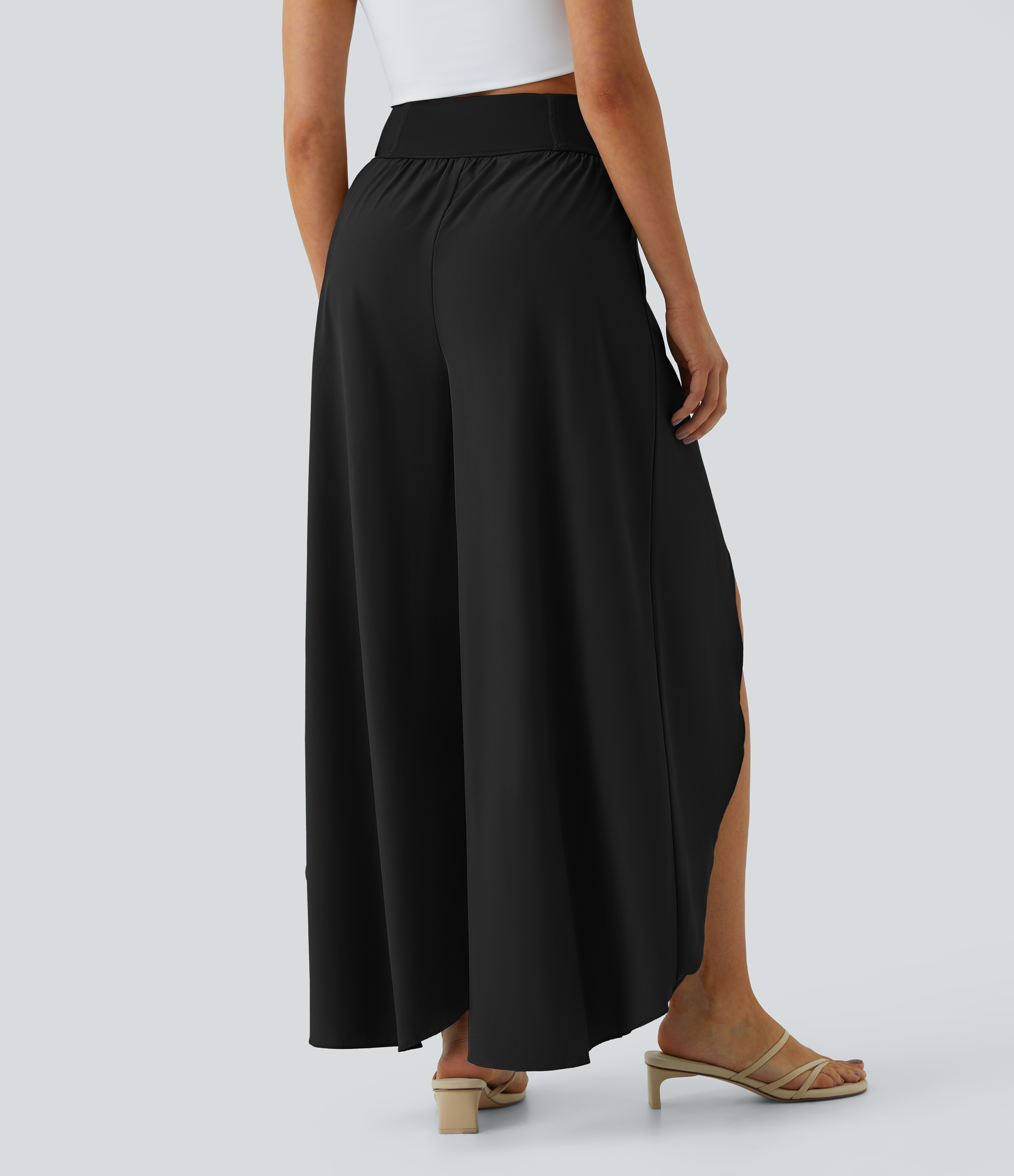 Halara Breezefulв„ў High Waisted Back Waistband Pocket Palazzo Flowy Split Wide Leg Quick Dry Casual Pants  - Black - XL(petite) 