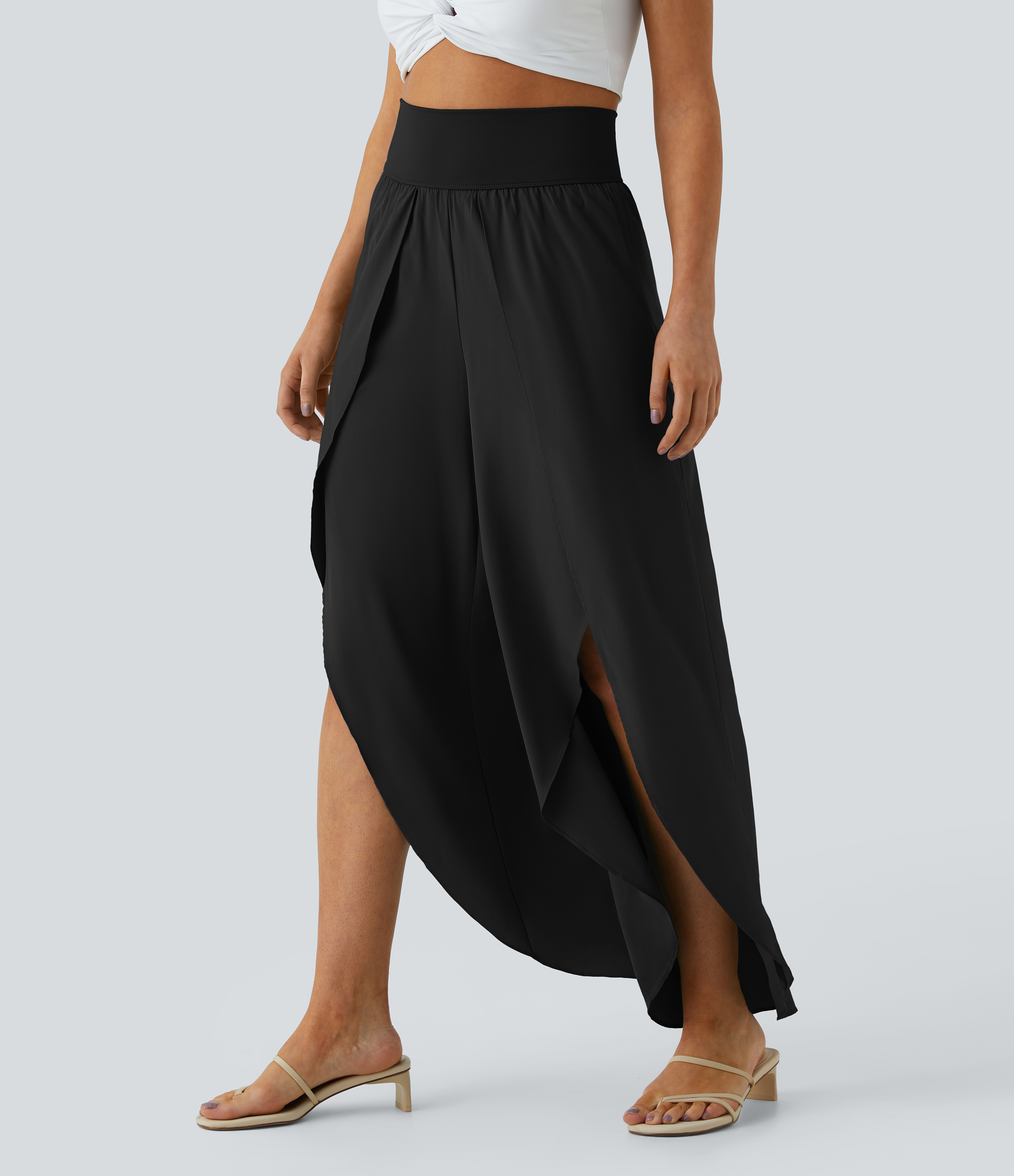 Halara Breezefulв„ў High Waisted Back Waistband Pocket Palazzo Flowy Split Wide Leg Quick Dry Casual Pants  - Black - XL(petite) 