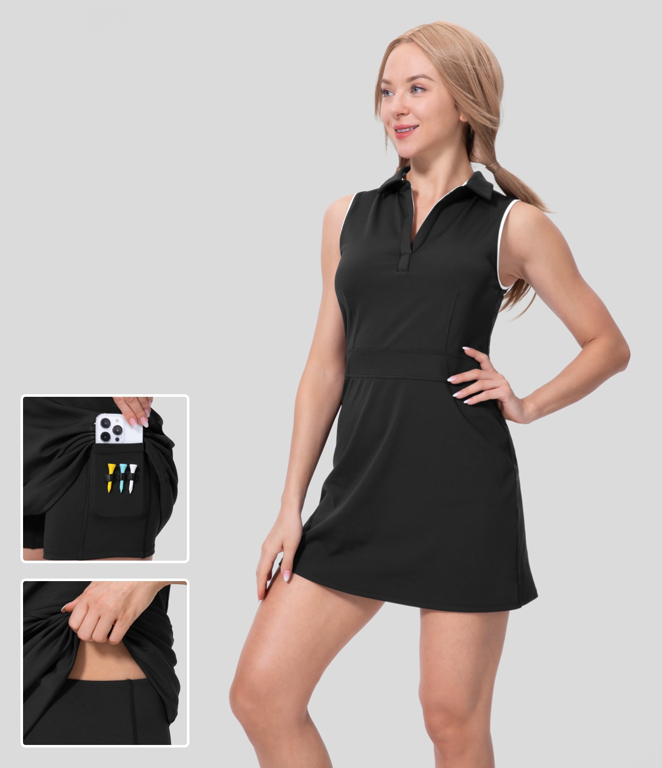 

Halara Collar 2-Piece Side Pocket Mini Golf Active Dress-Golf Tee Pocket Workout Dress - Black