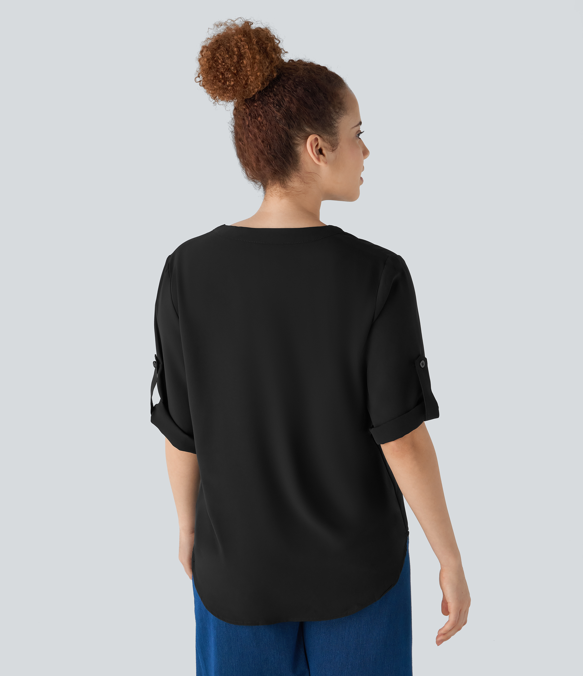 Halara V Neck Button Three Quarter Sleeve Curved Hem Work Shirt  - Black - XL 