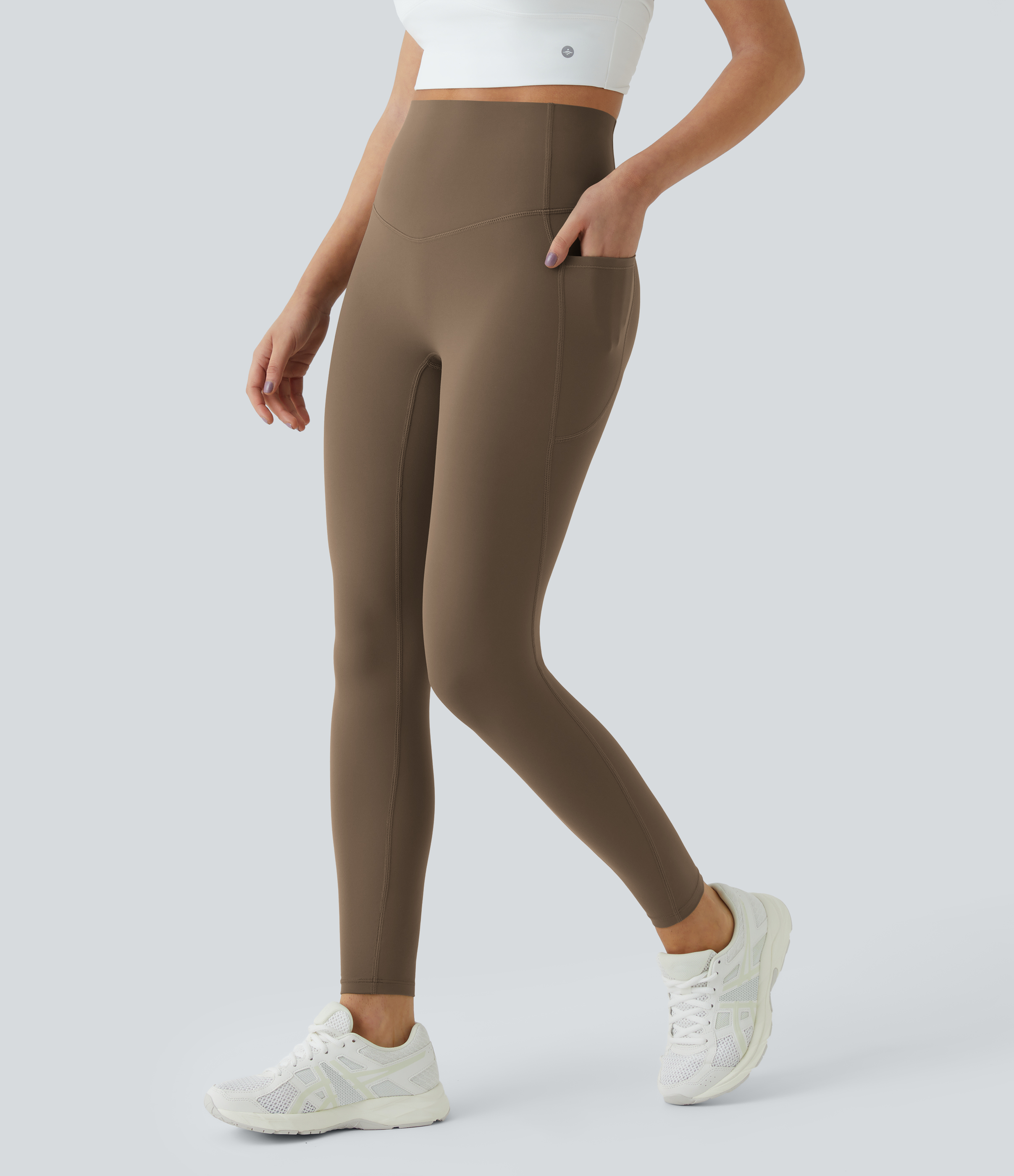 Halara SoCinched High Waisted Tummy Control Side Pocket Shaping Training UltraSculpt Leggings  - Thick Earthy Brown - XS(7/8) gym leggings 