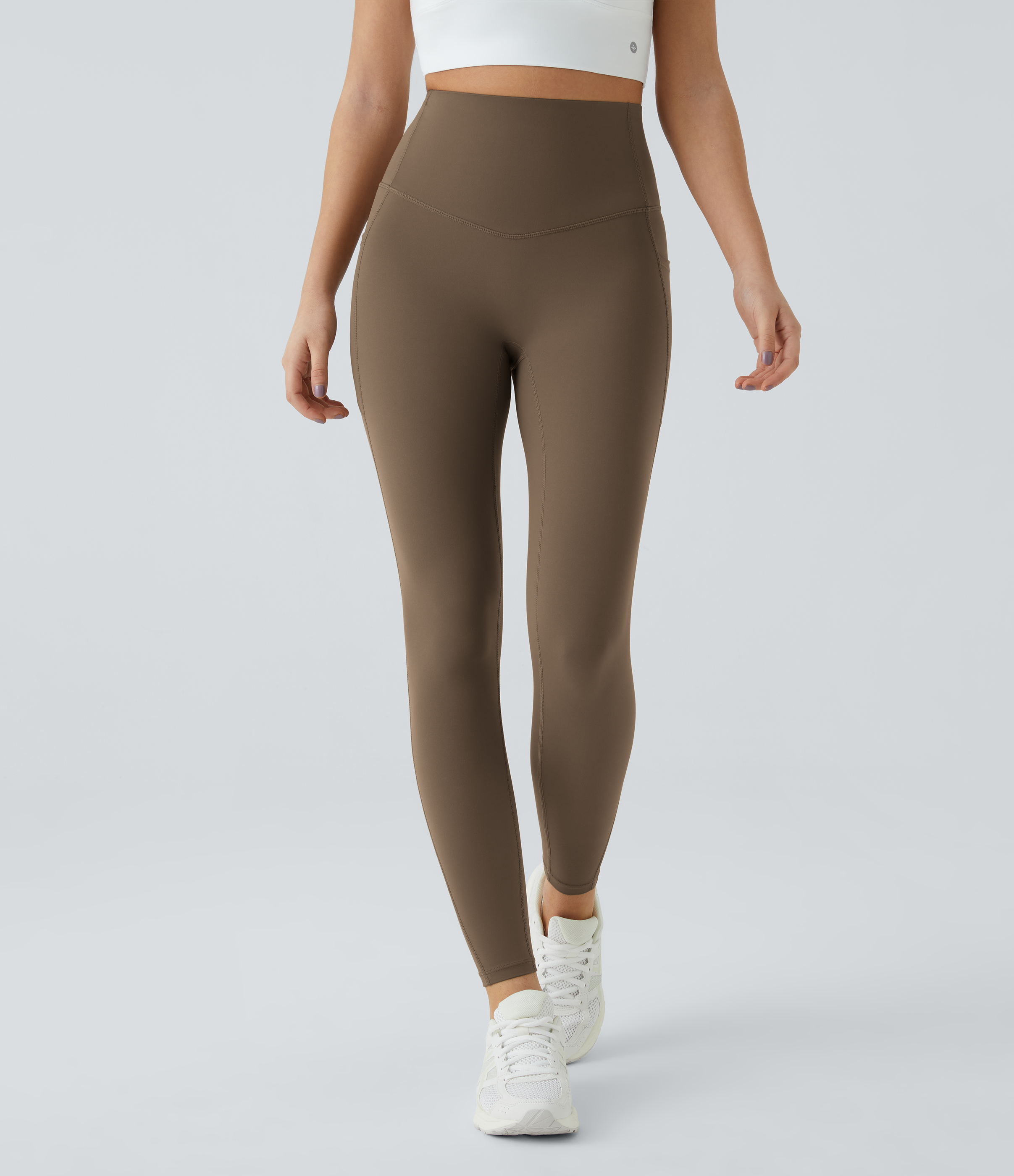 Halara SoCinched High Waisted Tummy Control Side Pocket Shaping Training UltraSculpt Leggings  - Thick Earthy Brown - XS(7/8) gym leggings 