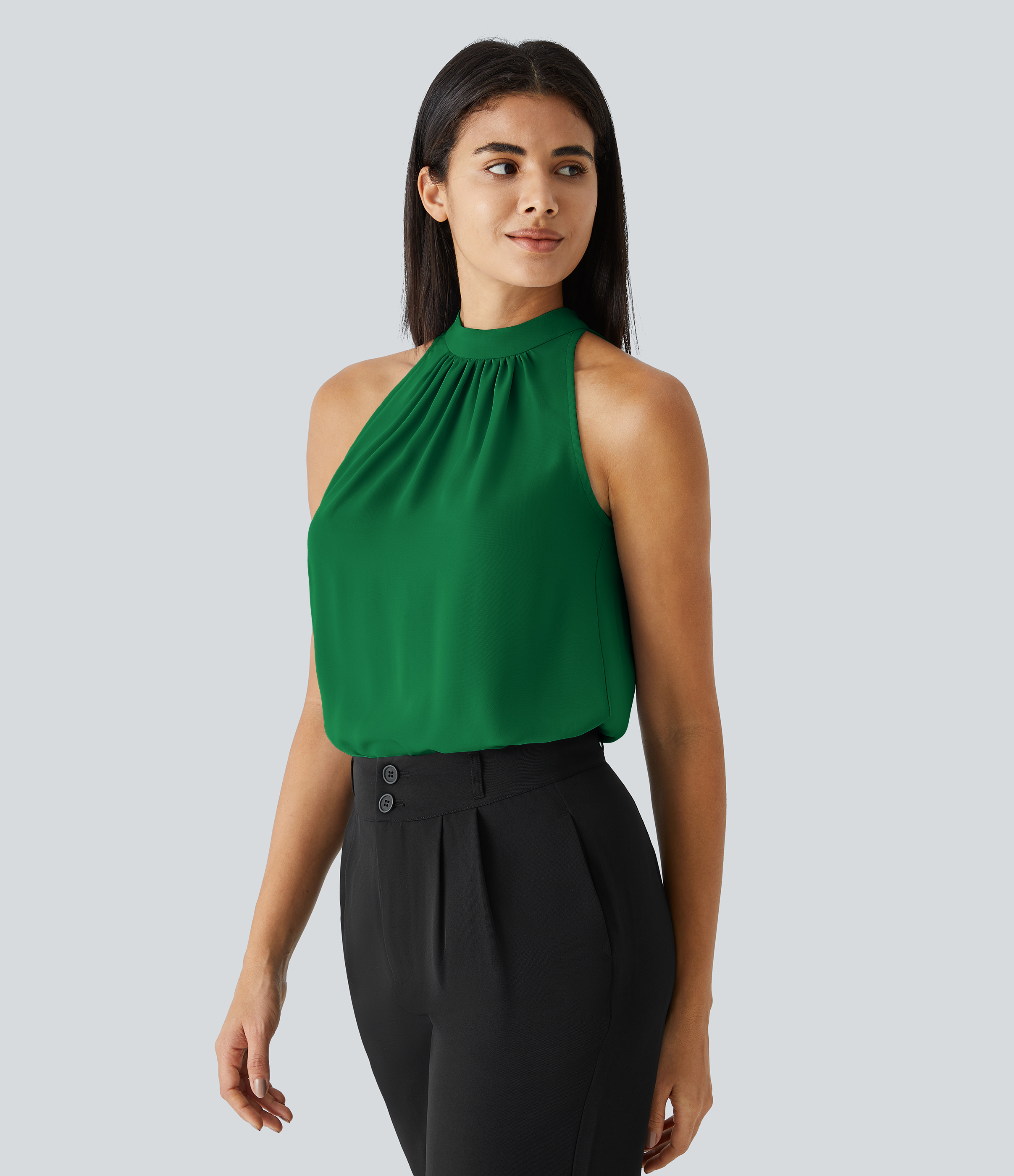 Halara Keyhole Back Halter Plicated Sleeveless Curved Hem Work Blouse  - Abundant Green - XS 