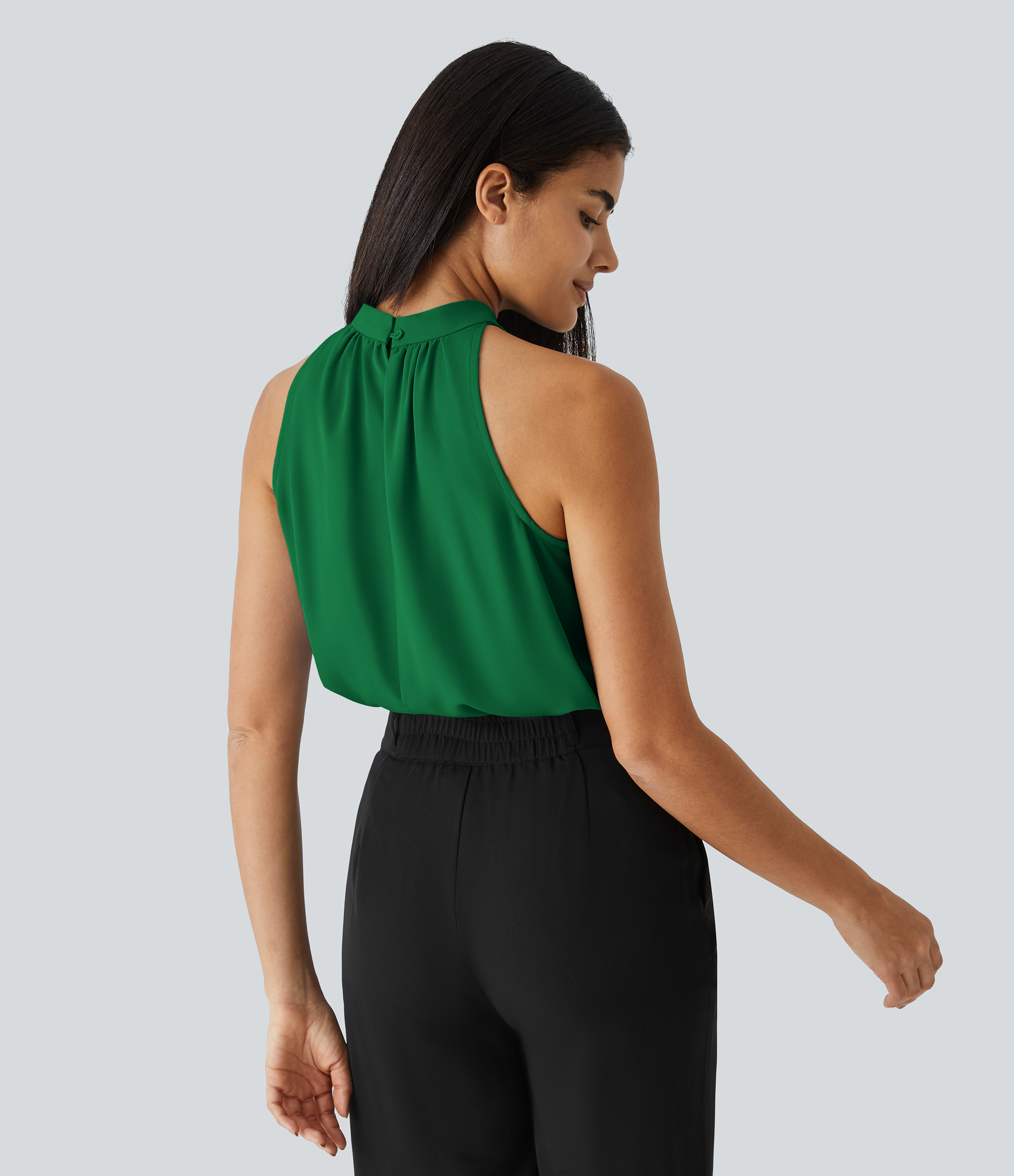 Halara Keyhole Back Halter Plicated Sleeveless Curved Hem Work Blouse  - Abundant Green - XS 
