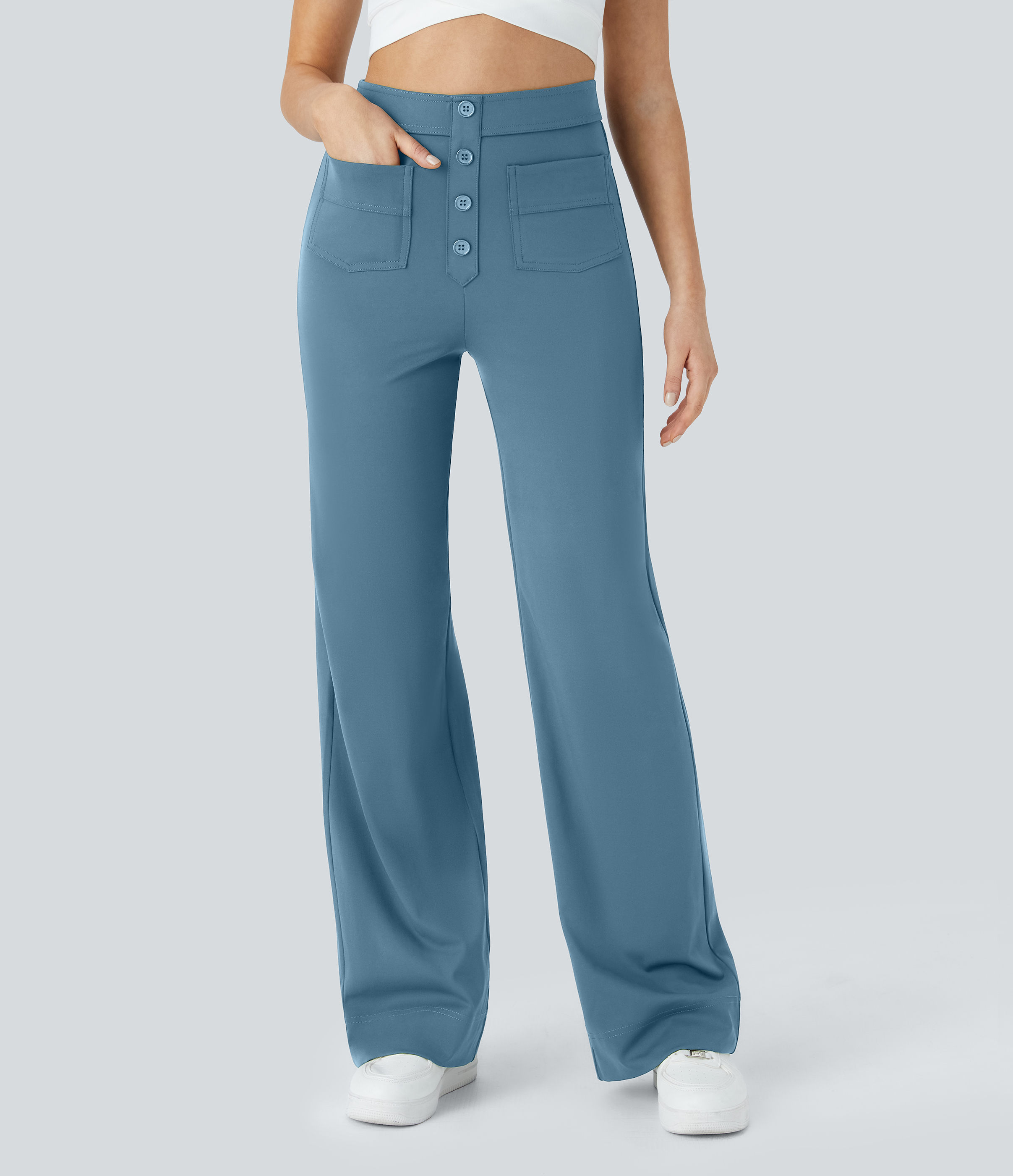 Halara High Waisted Button Multiple Pockets Straight Leg Casual Pants  - Warm Mid Blue - S(regular) sweatpants jogger pants 