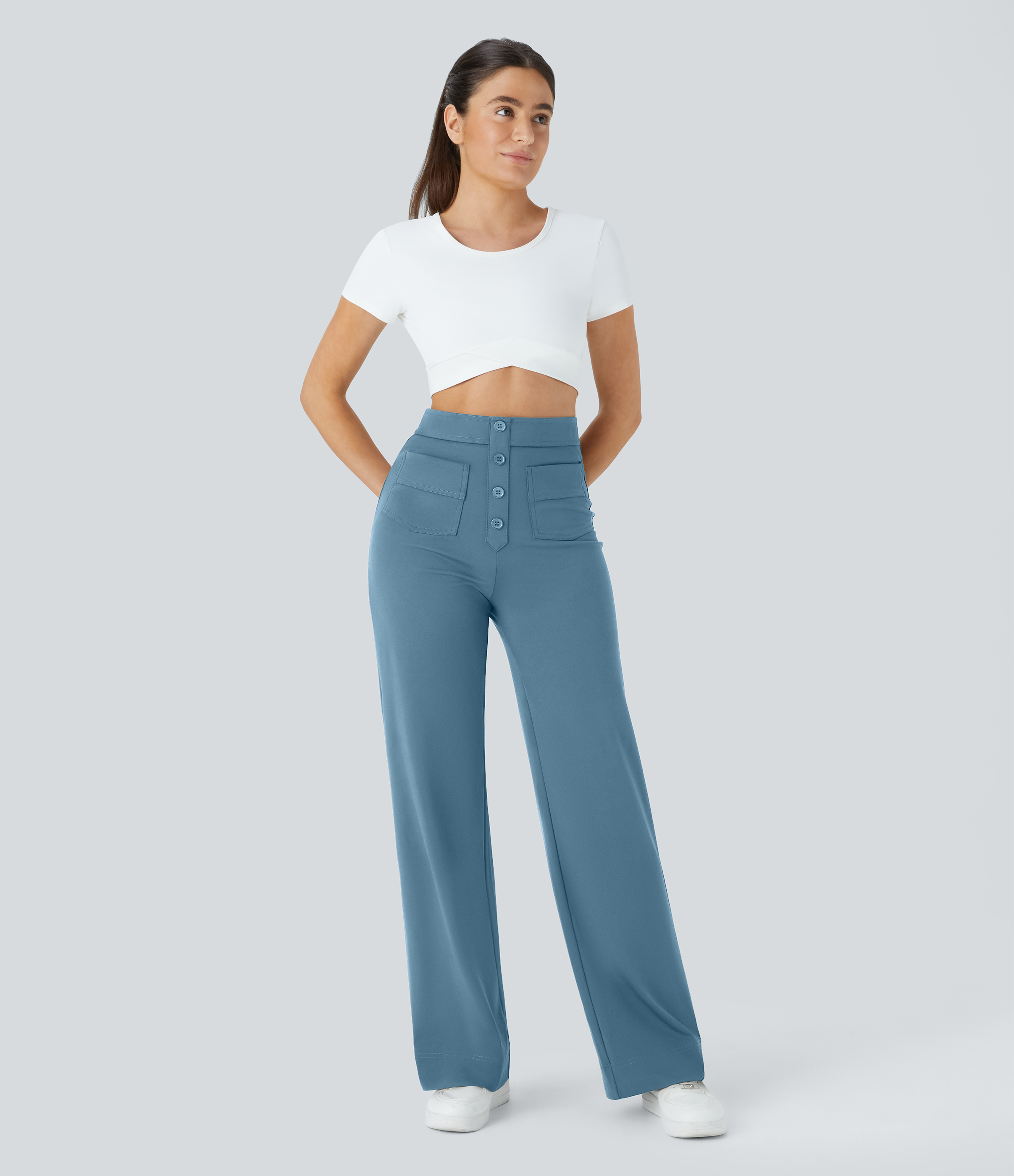Halara High Waisted Button Multiple Pockets Straight Leg Casual Pants  - Warm Mid Blue - S(regular) sweatpants jogger pants 