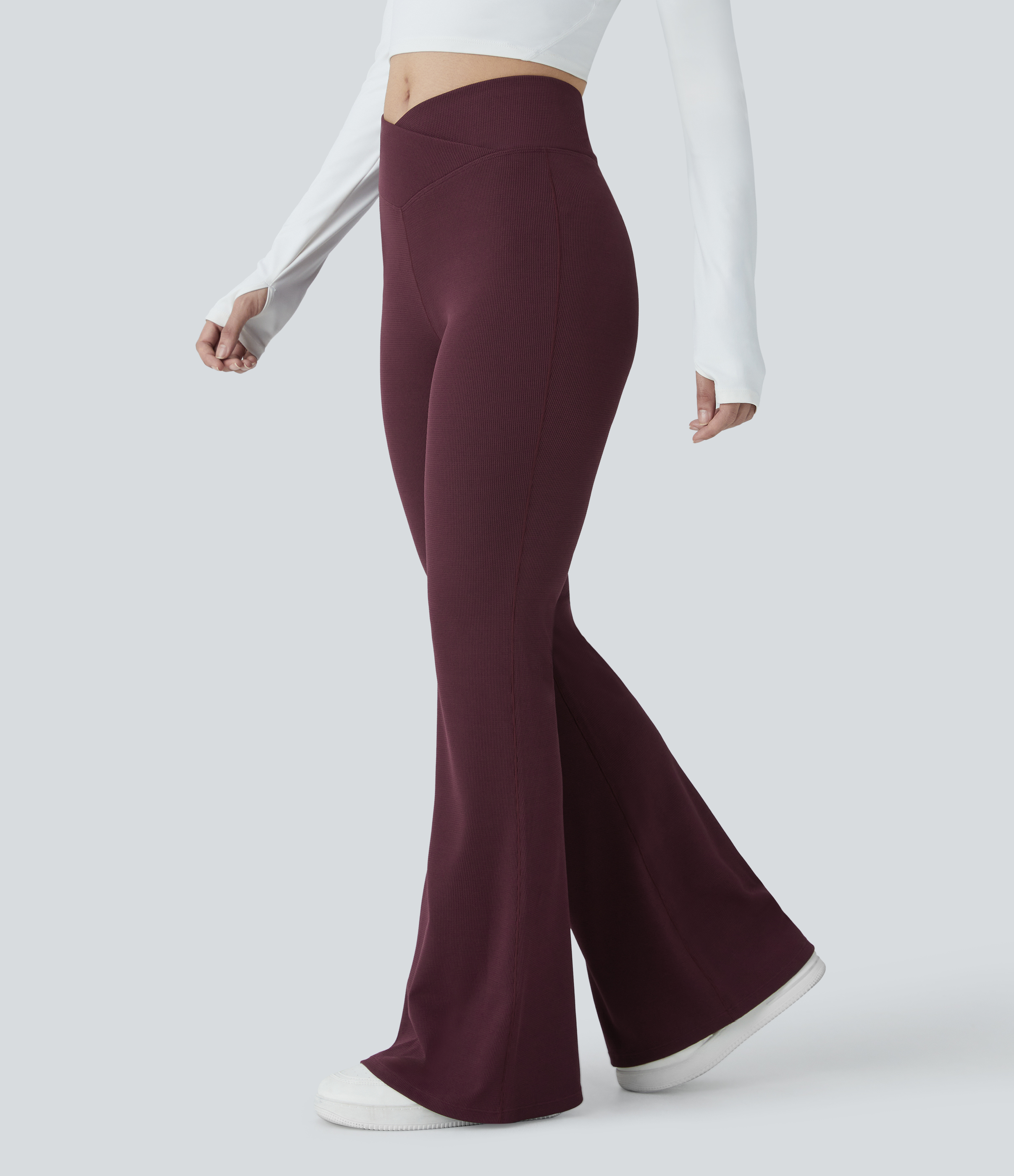 Halara Crossover High Waisted Back Pocket Waffle Casual Flare Pants  - Evening Red - M(regular) sweatpants jogger pants stacked sweatpants 