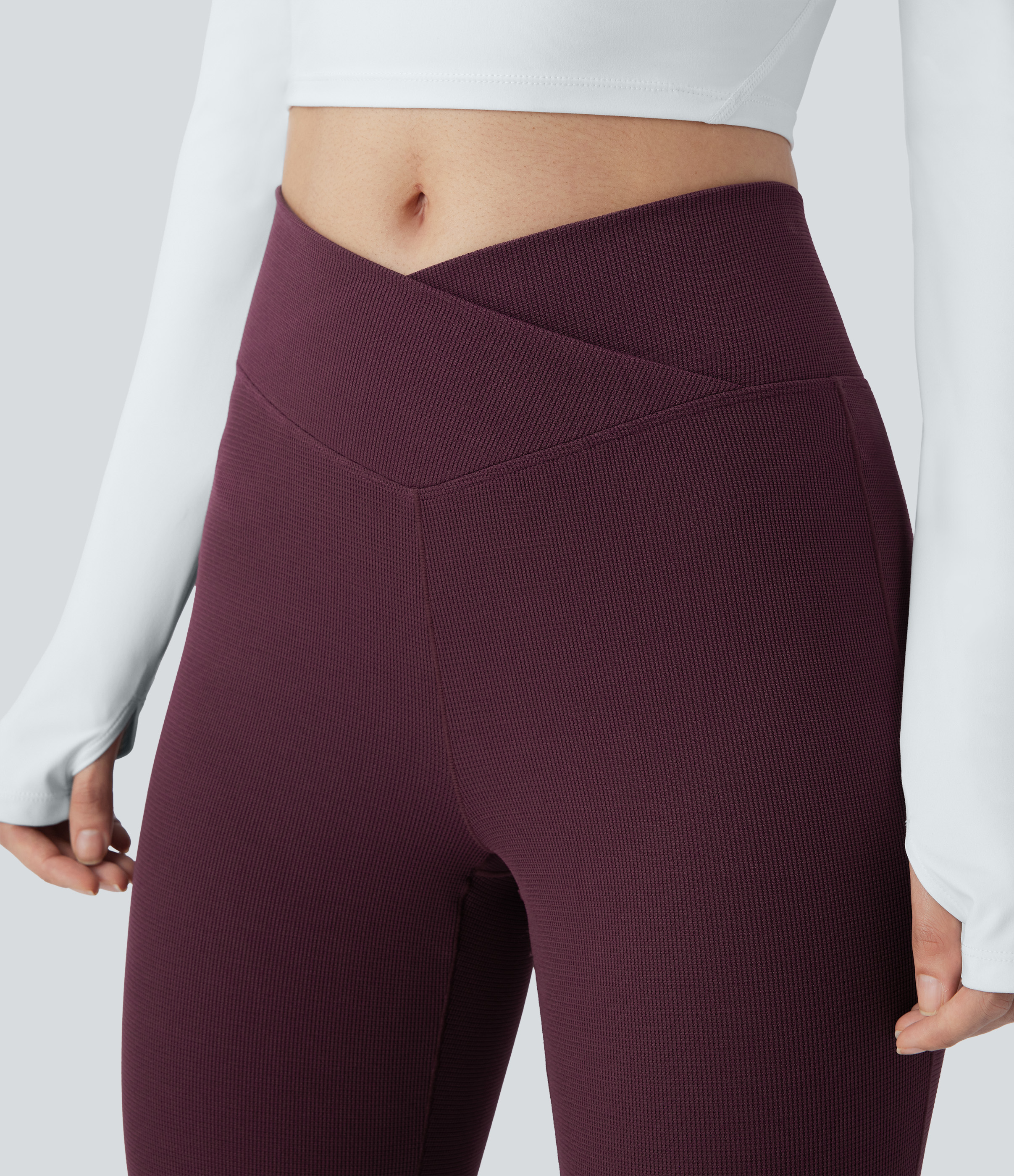 Halara Crossover High Waisted Back Pocket Waffle Casual Flare Pants  - Evening Red - M(regular) sweatpants jogger pants stacked sweatpants 