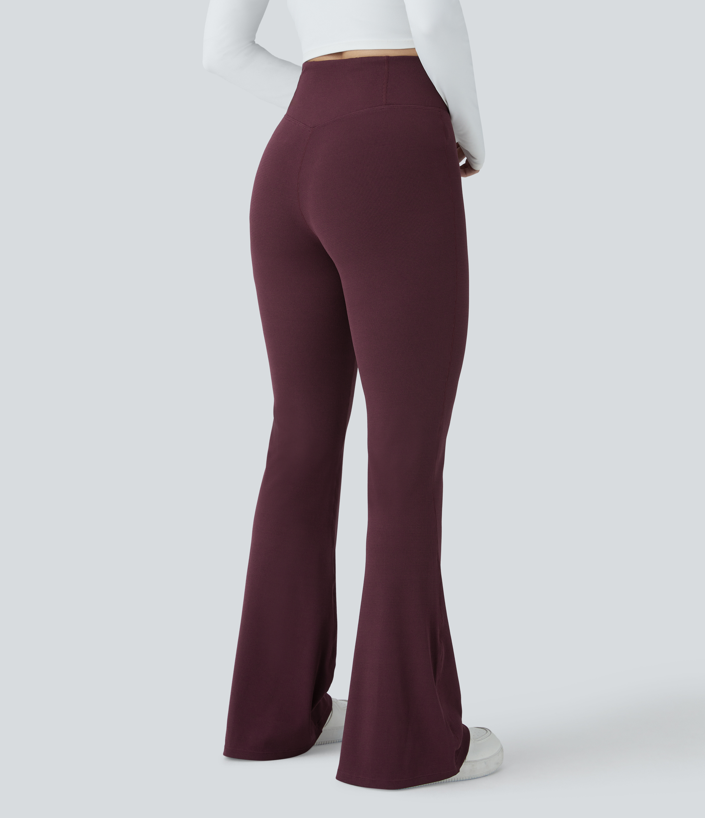 Halara Crossover High Waisted Back Pocket Waffle Casual Flare Pants  - Evening Red - M(regular) sweatpants jogger pants stacked sweatpants 