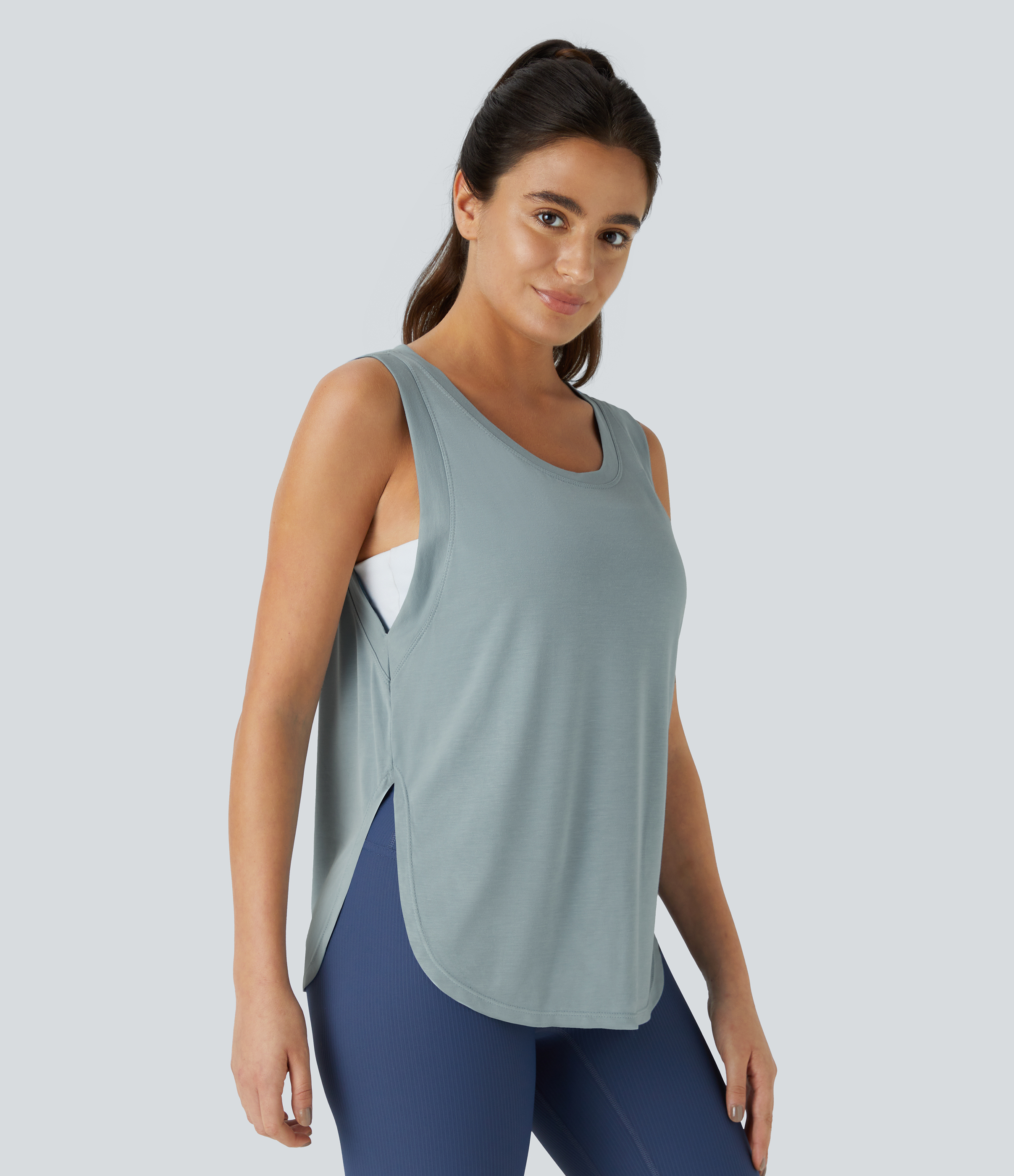 Halara Round Neck Split Hem Casual Tank Top Tank Top - Cloud Blue - XS golf tops halter top tunic tops sleeveless tops backless top 
