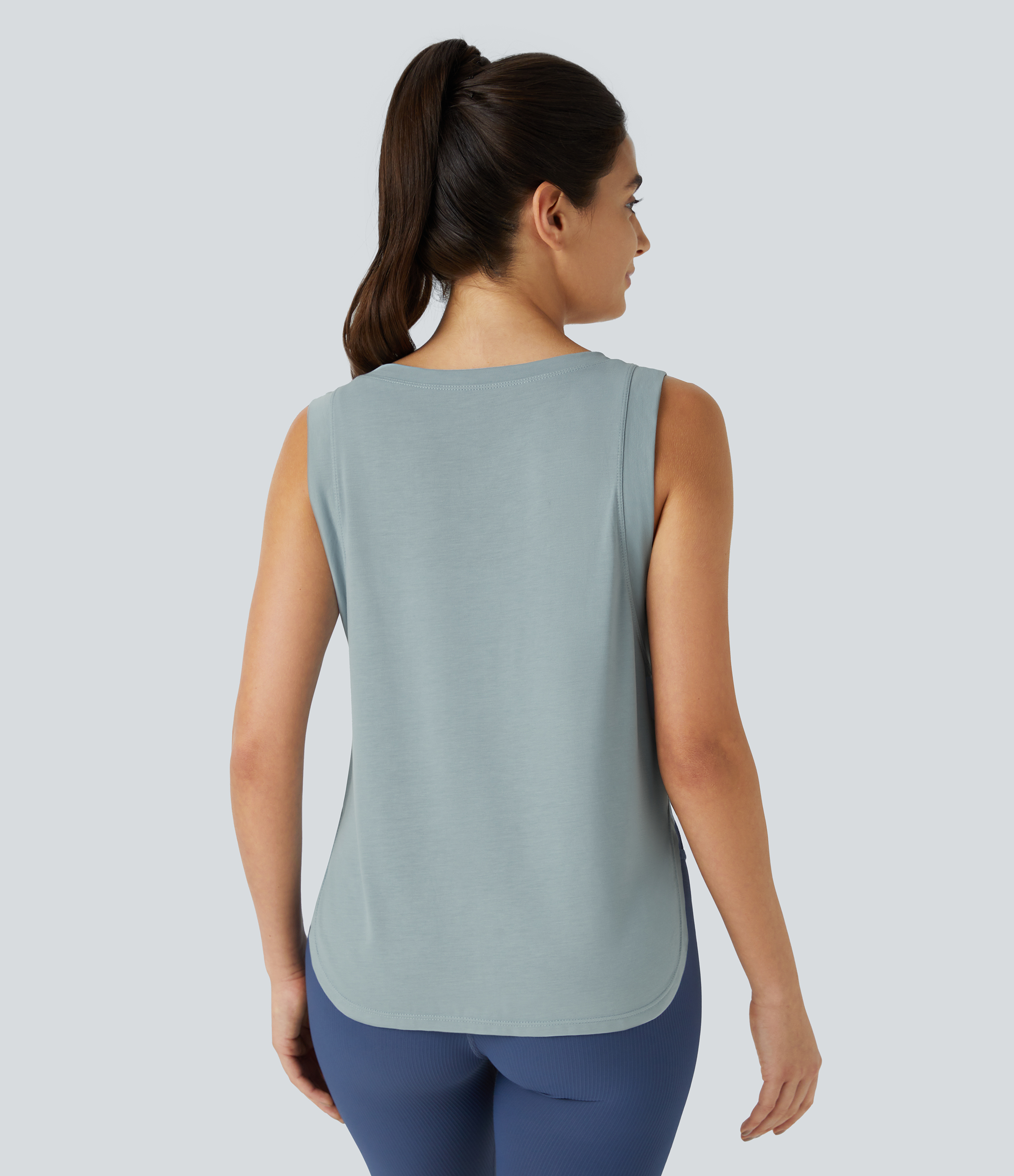 Halara Round Neck Split Hem Casual Tank Top Tank Top - Cloud Blue - XS golf tops halter top tunic tops sleeveless tops backless top 