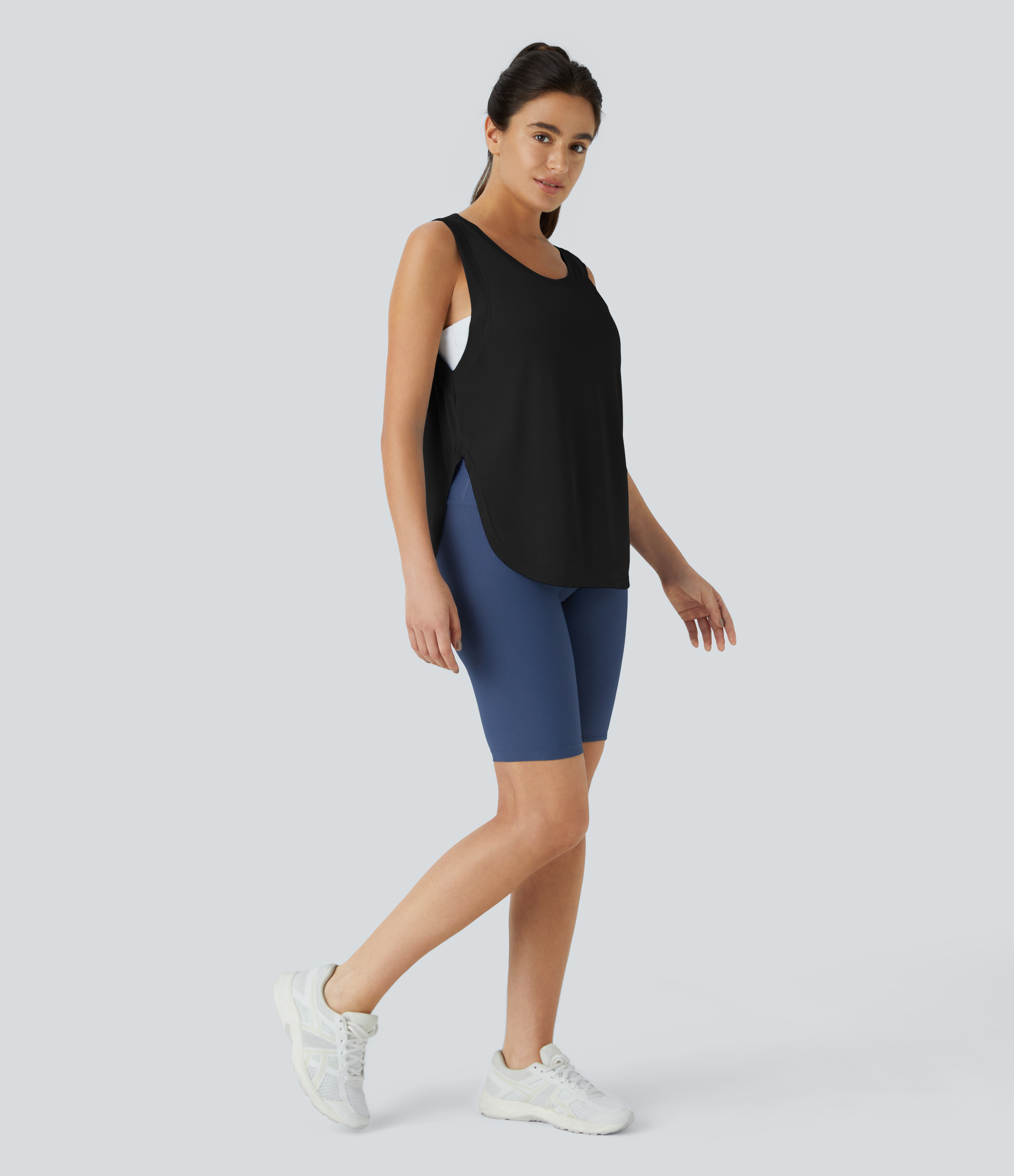 Halara Round Neck Split Hem Casual Tank Top Tank Top - Black - XL golf tops halter top tunic tops sleeveless tops backless top 