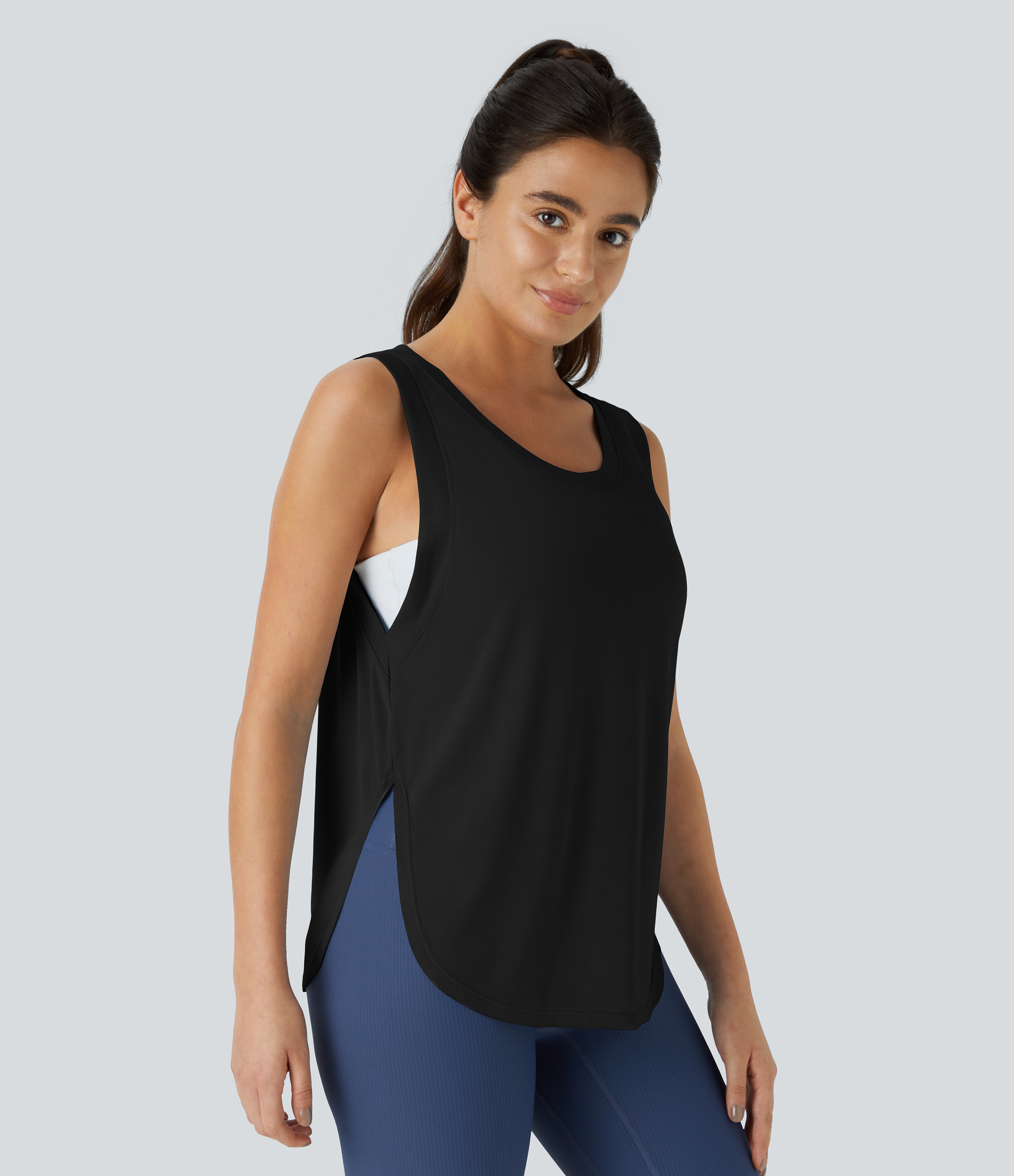 Halara Round Neck Split Hem Casual Tank Top Tank Top - Black - XL golf tops halter top tunic tops sleeveless tops backless top 
