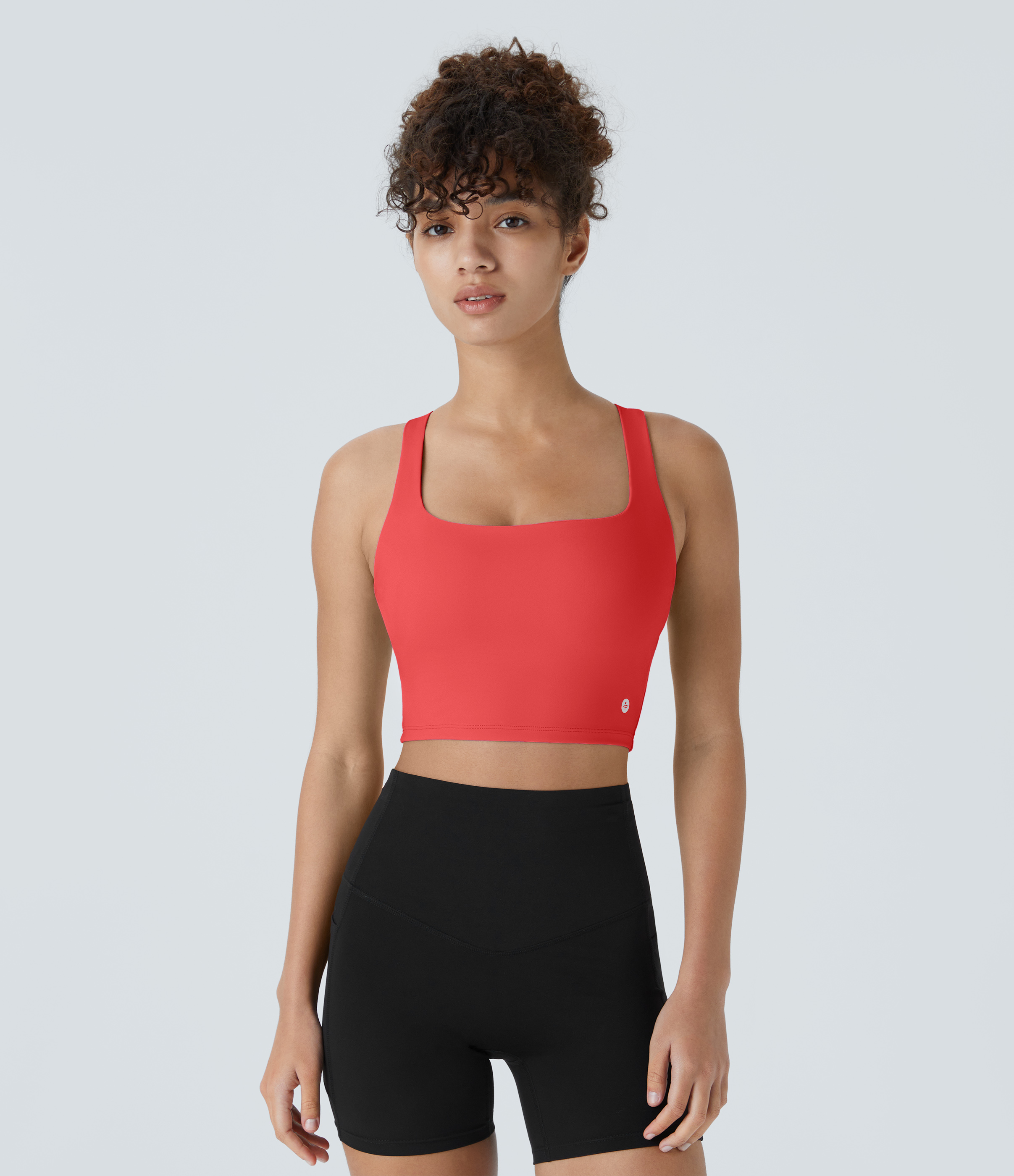 Halara Cloudfulв„ў Air Fabric Square Neck Backless Crisscross Cropped Cool Touch Yoga Tank Top Tank Top - Poinsettia - XS golf tops halter top 