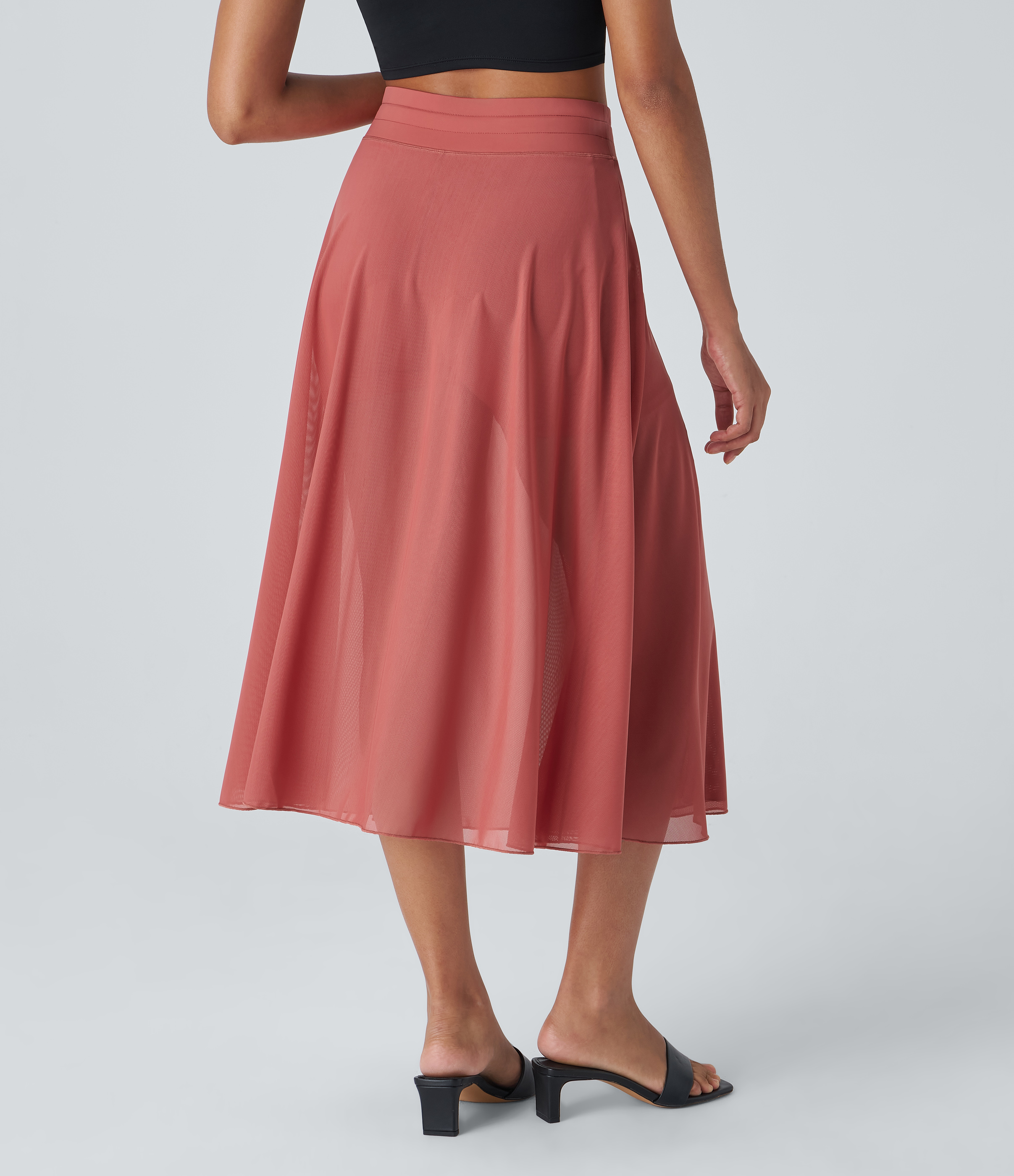 Halara High Waisted Drawstring Contrast Mesh 2-in-1 Side Pocket Flowy Midi Flare Casual Skirt  - Rouge Dark Red - XS midi skirt a line skirt 