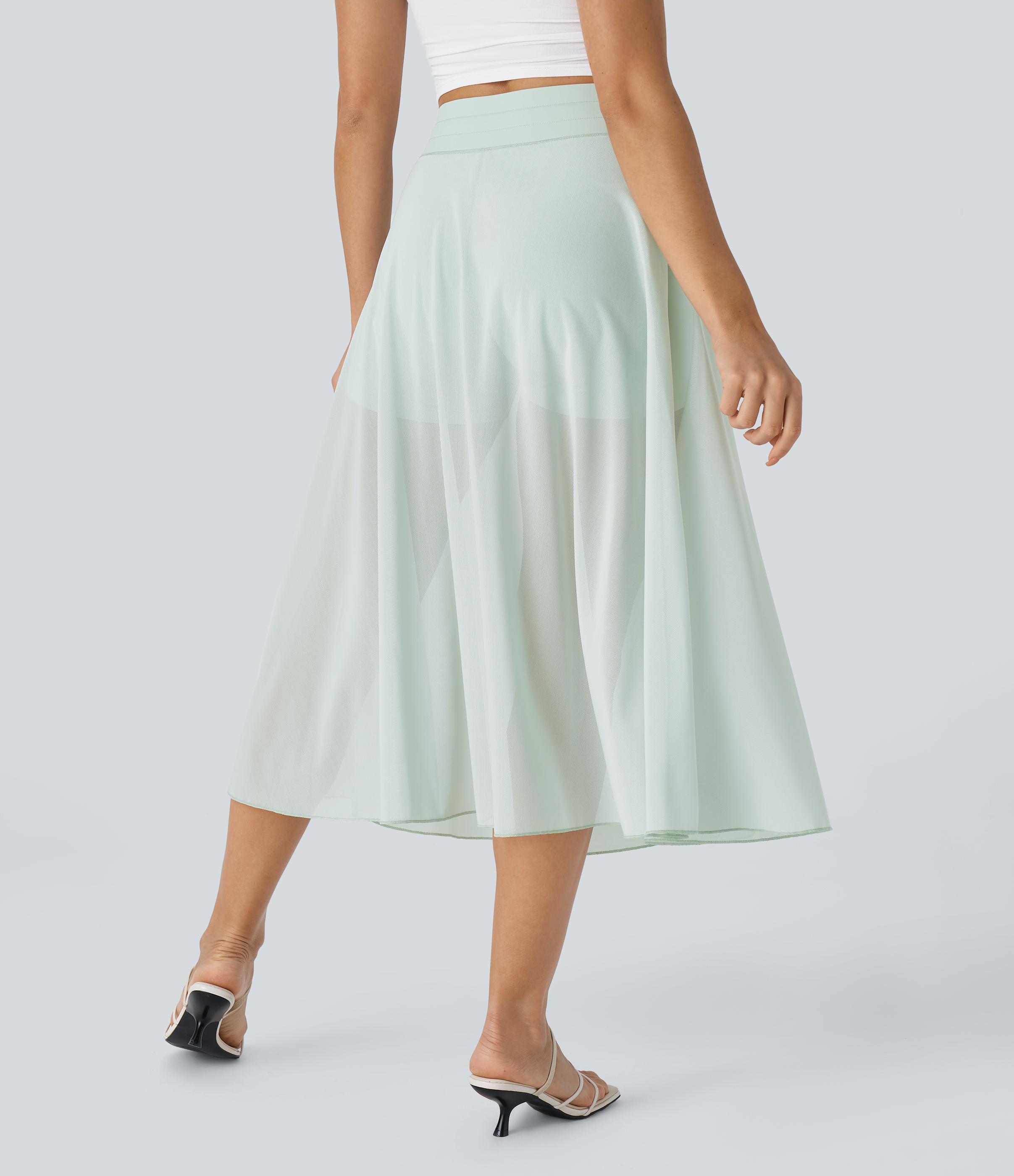 Halara High Waisted Drawstring Contrast Mesh 2-in-1 Side Pocket Flowy Midi Flare Casual Skirt  - Sprout Green - XL midi skirt a line skirt 