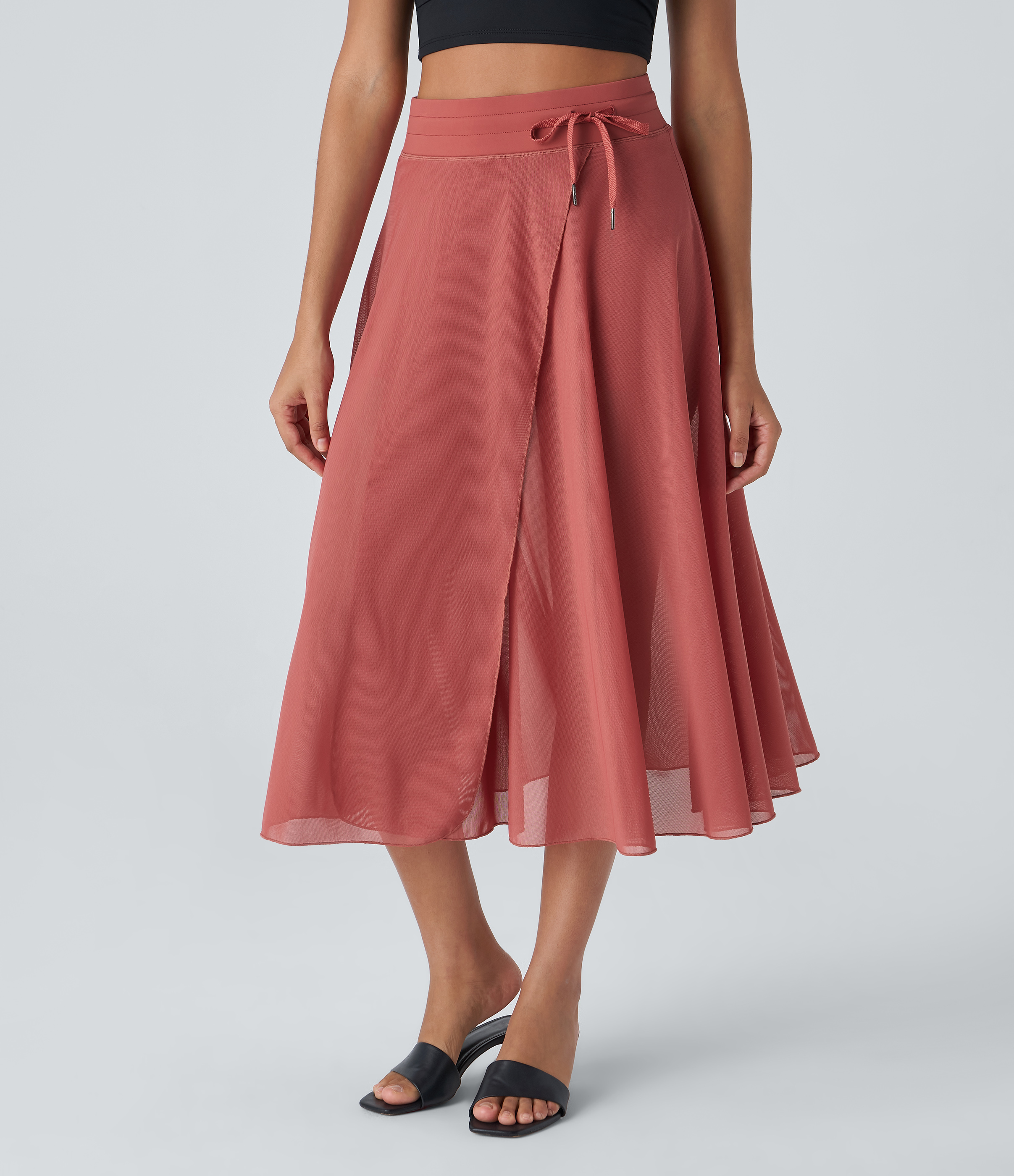 Halara High Waisted Drawstring Contrast Mesh 2-in-1 Side Pocket Flowy Midi Flare Casual Skirt  - Rouge Dark Red - XS midi skirt a line skirt 
