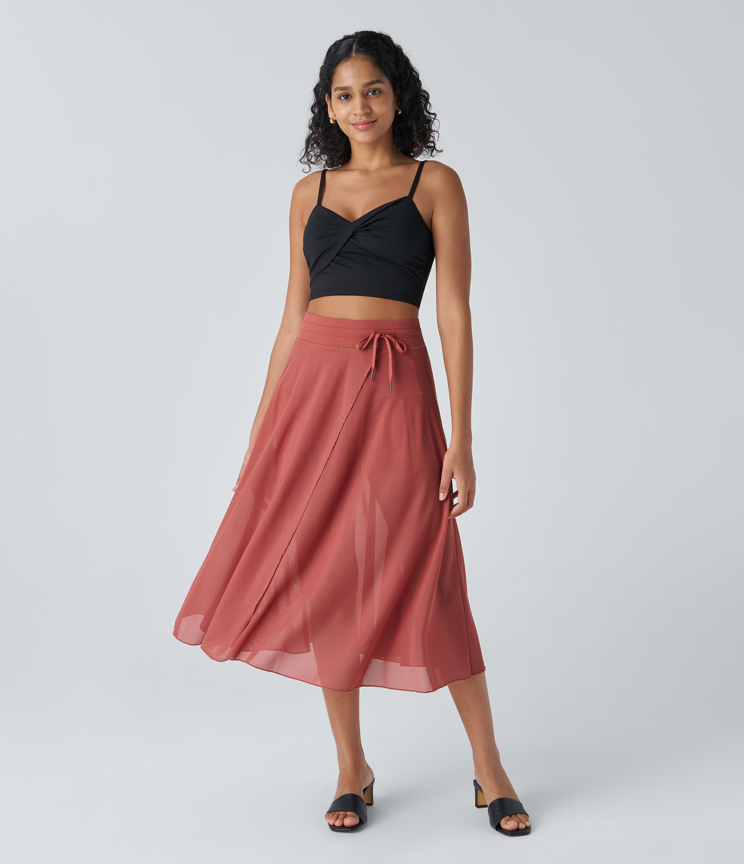 Halara High Waisted Drawstring Contrast Mesh 2-in-1 Side Pocket Flowy Midi Flare Casual Skirt  - Rouge Dark Red - XS midi skirt a line skirt 