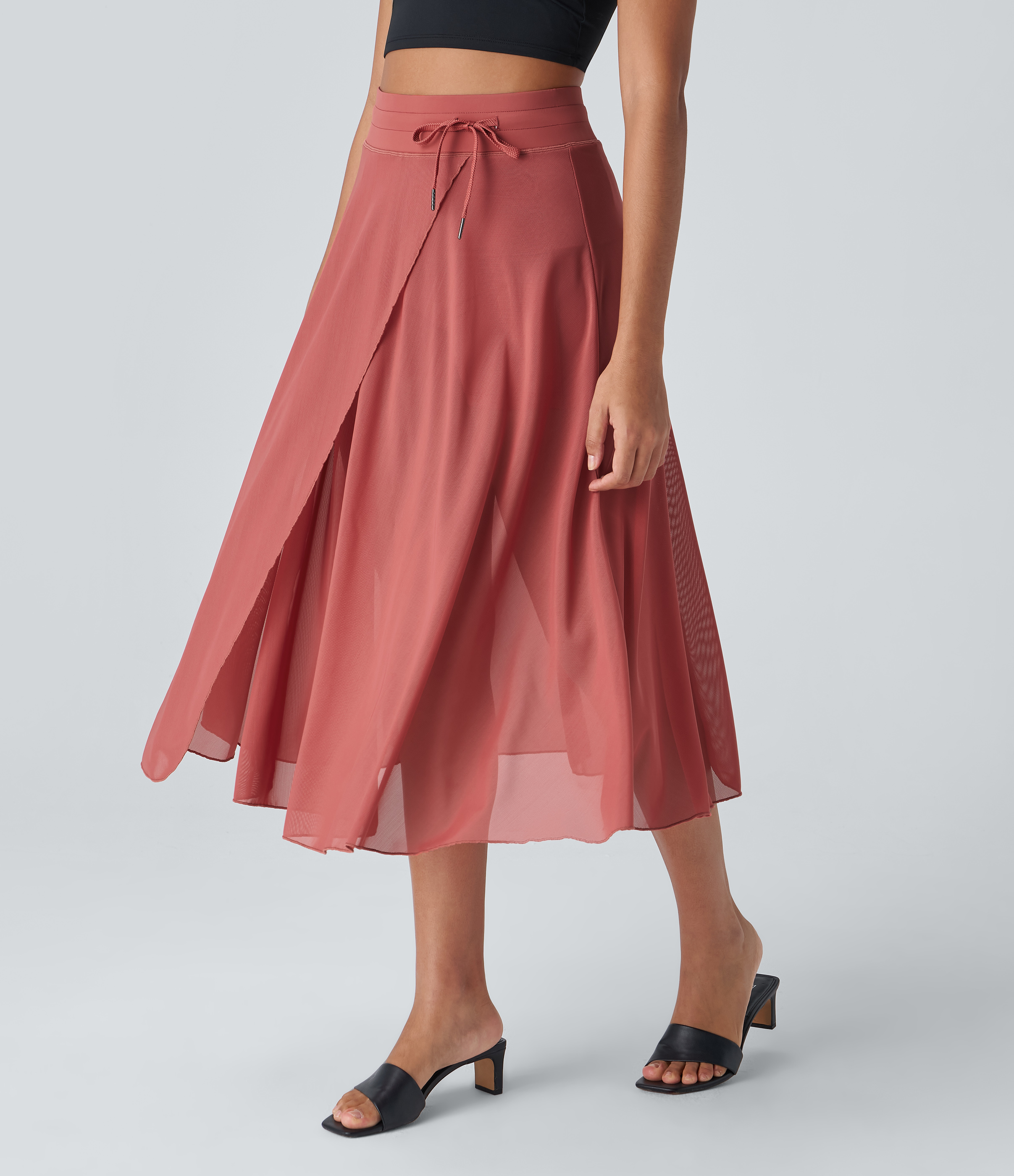 Halara High Waisted Drawstring Contrast Mesh 2-in-1 Side Pocket Flowy Midi Flare Casual Skirt  - Rouge Dark Red - XS midi skirt a line skirt 