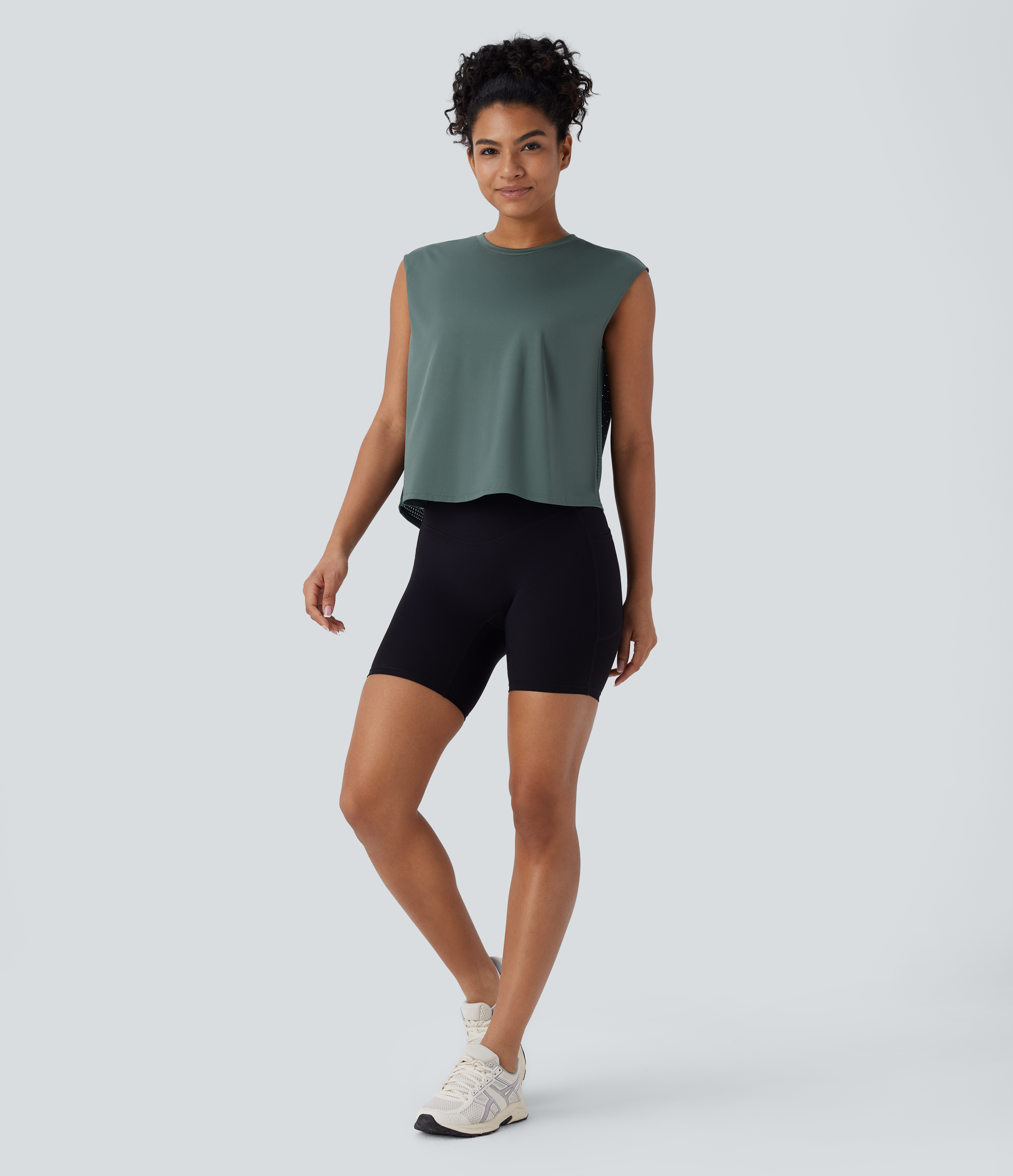 Halara Round Neck Contrast Mesh Running Tank Top Tank Top - Duck Green - XL golf tops halter top tunic tops sleeveless tops backless top 
