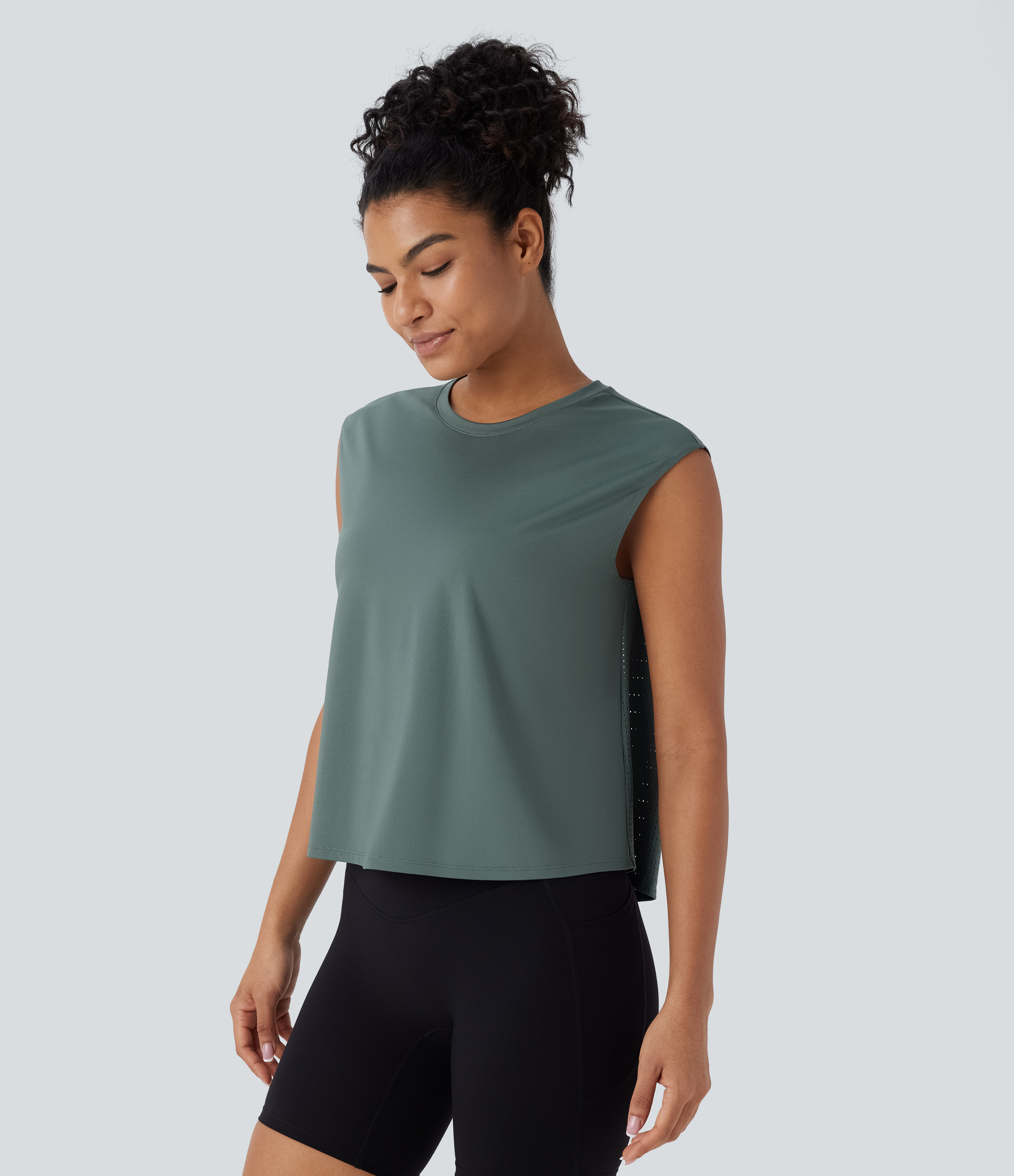 Halara Round Neck Contrast Mesh Running Tank Top Tank Top - Duck Green - XL golf tops halter top tunic tops sleeveless tops backless top 