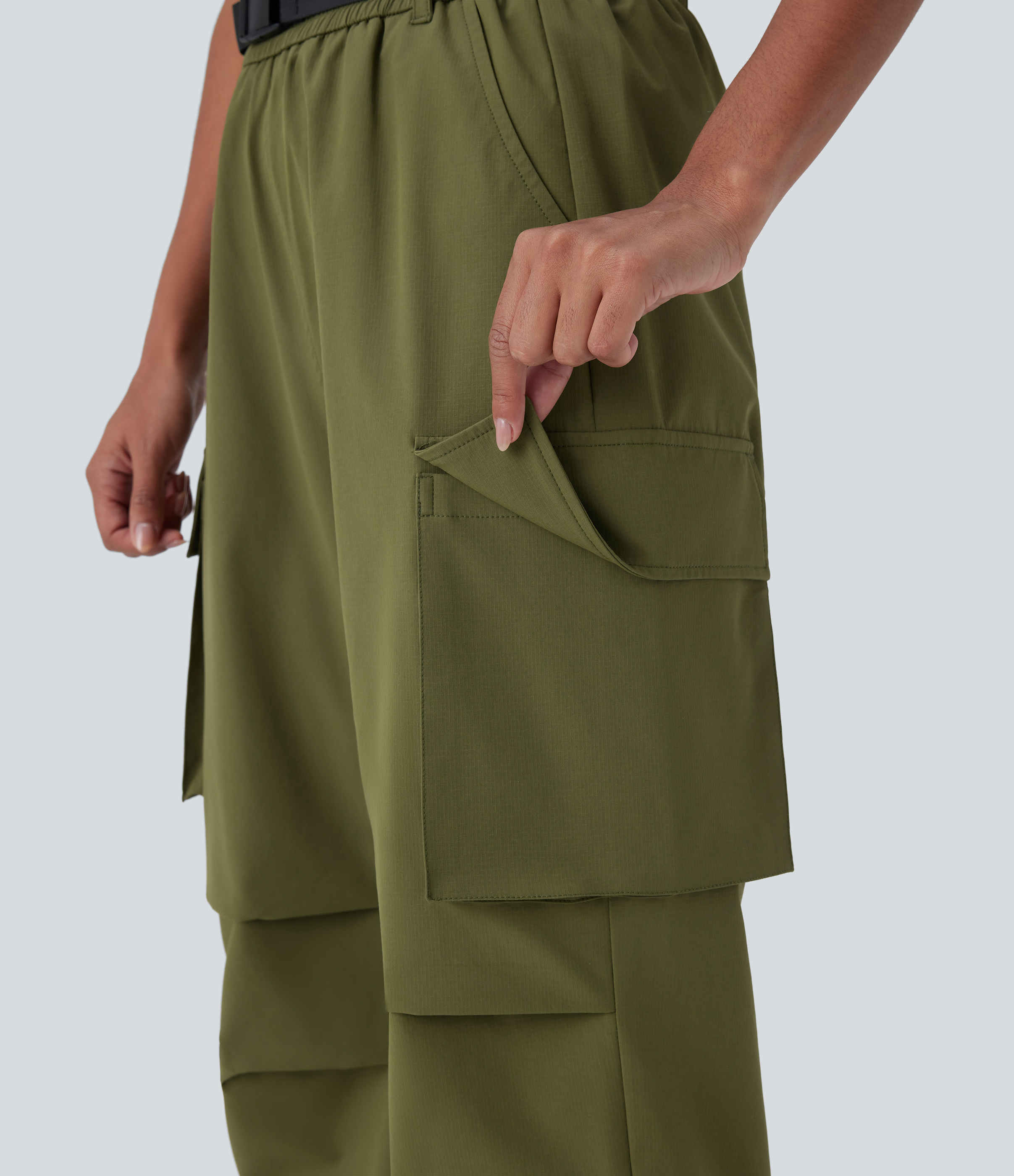 Halara Water Repellent High Waisted Belted Multiple Pockets Hiking Cargo Joggers  - Army Green - S(regular) 