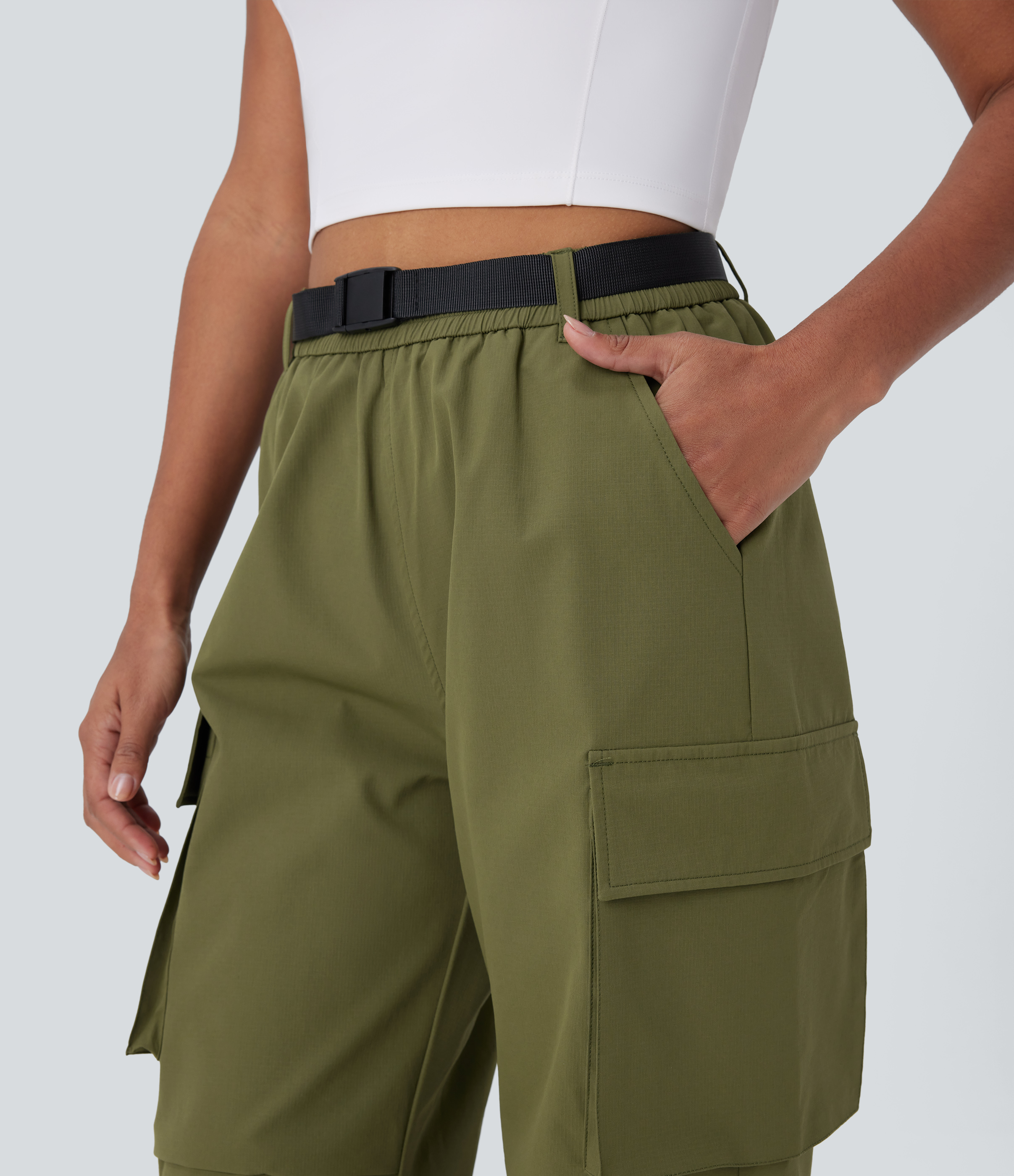 Halara Water Repellent High Waisted Belted Multiple Pockets Hiking Cargo Joggers  - Army Green - S(regular) 