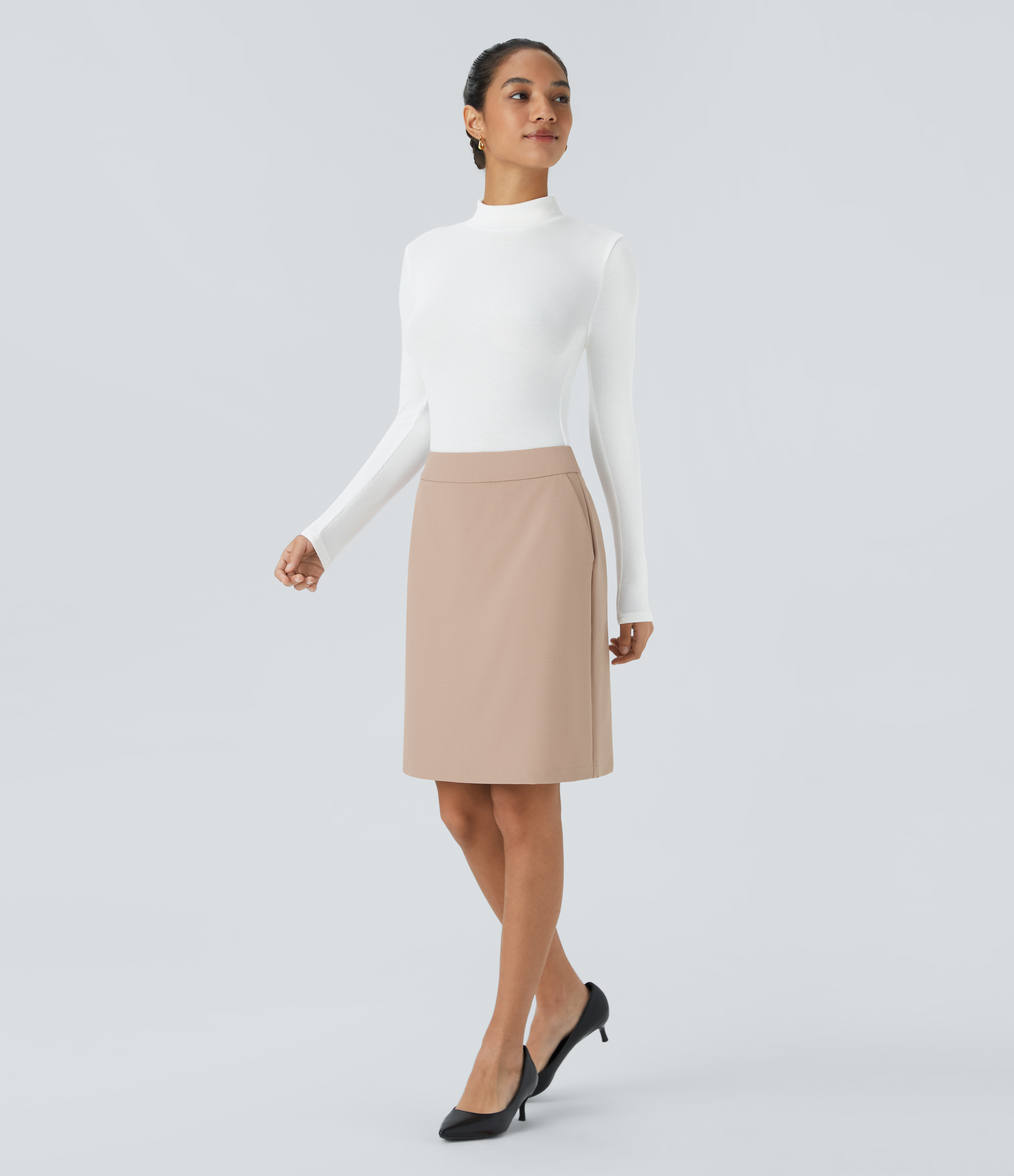 Halara High Waisted Invisible Zipper Side Pocket 2-in-1 Split Hem Straight Work Skirt  - Earthy Khaki - XS(regular) 