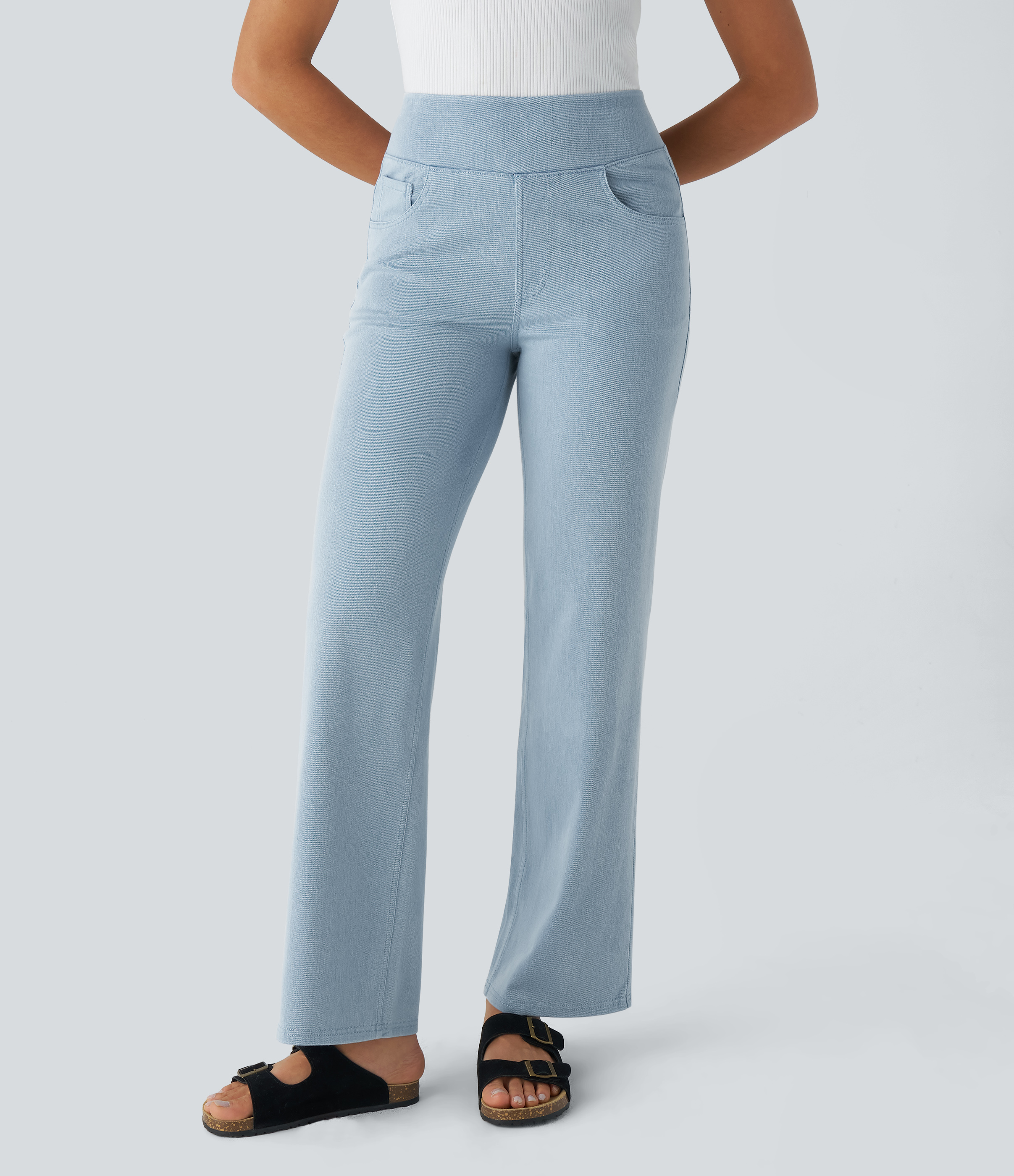 Halara HalaraMagicв„ў High Waisted Multiple Pockets Straight Leg Stretchy Knit Work Jeans  - Denim Cyan Blue - XS(regular) sweatpants 